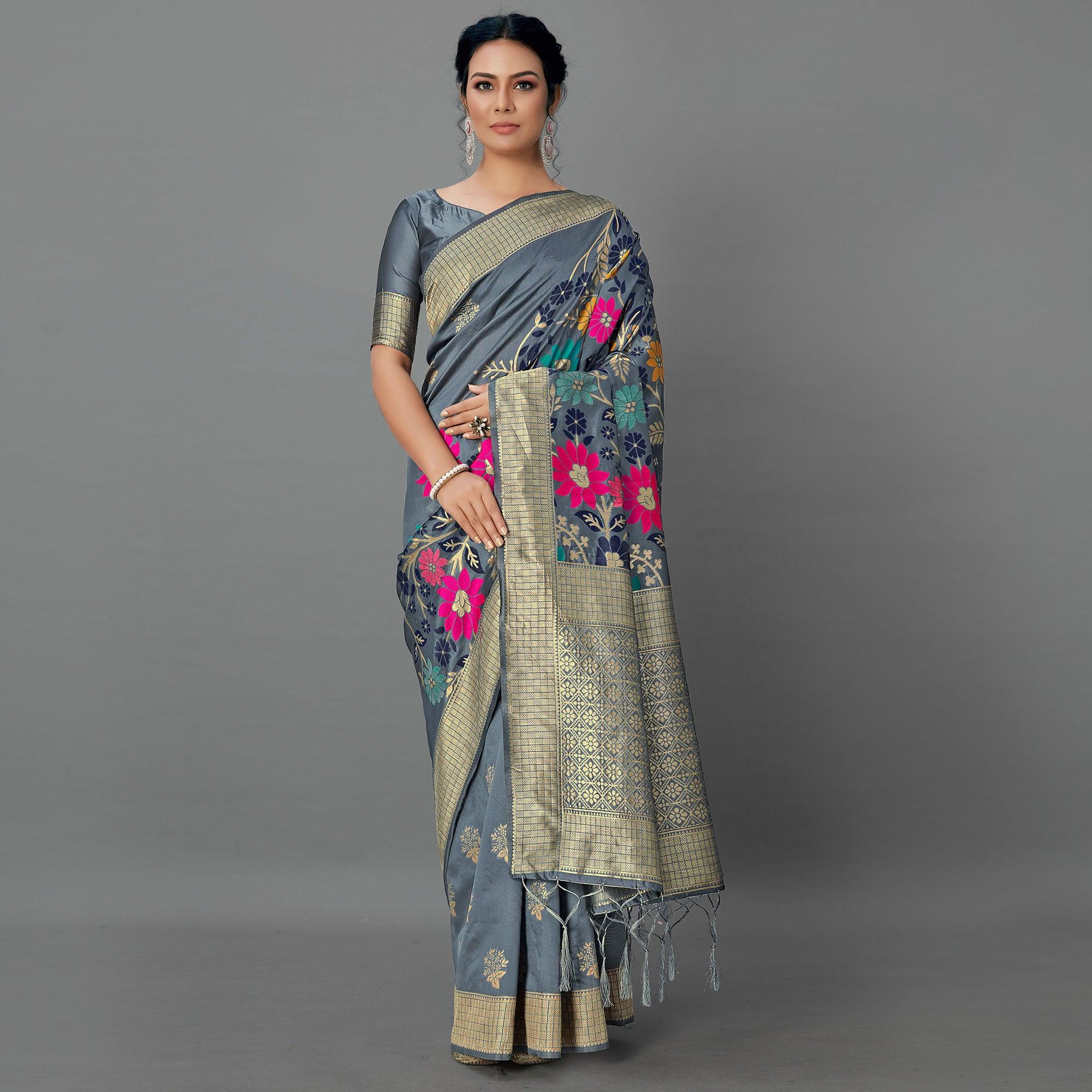 Grey Festive Wear Woven Silk Blend Saree - Peachmode