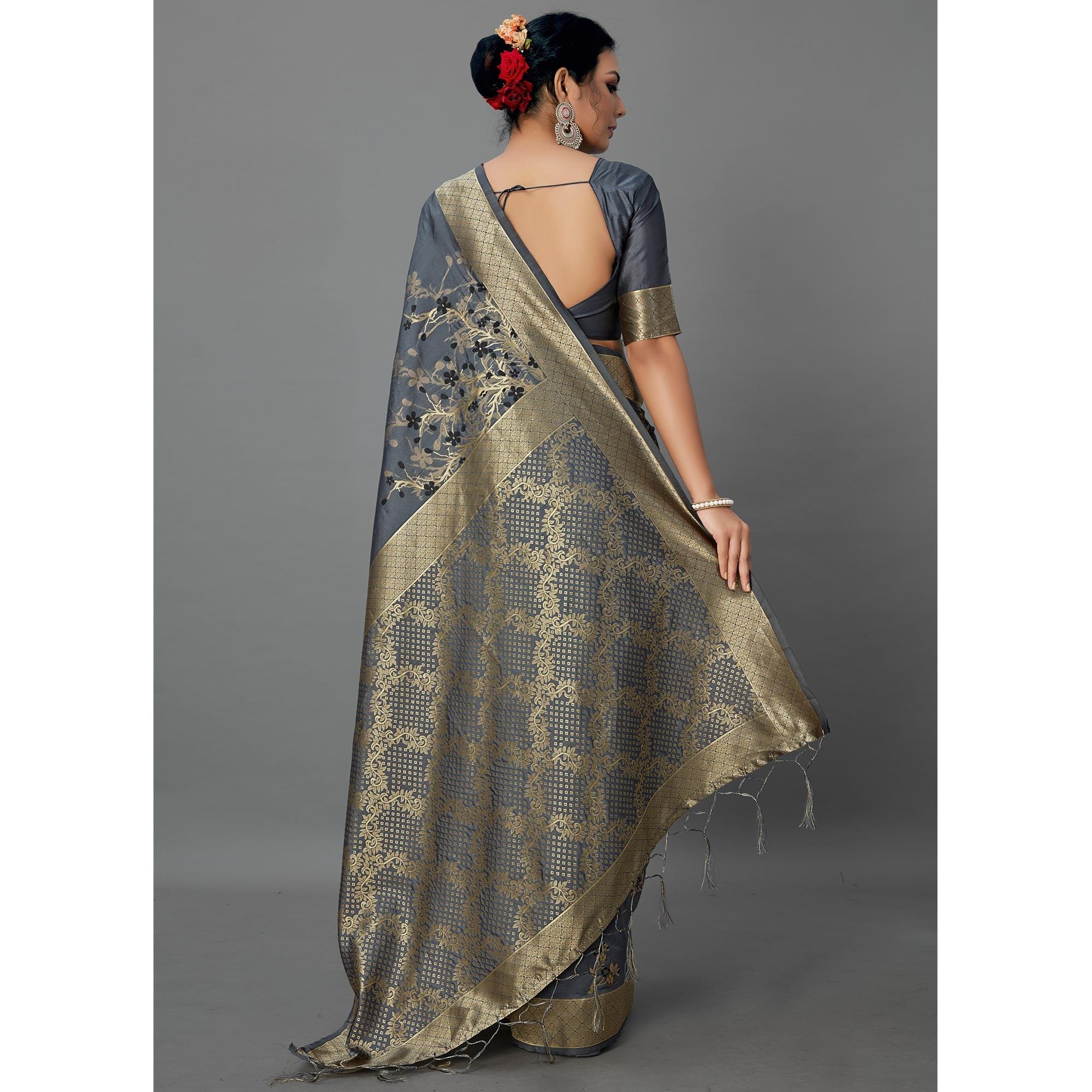 Grey Festive Wear Woven Silk Blend  Saree - Peachmode