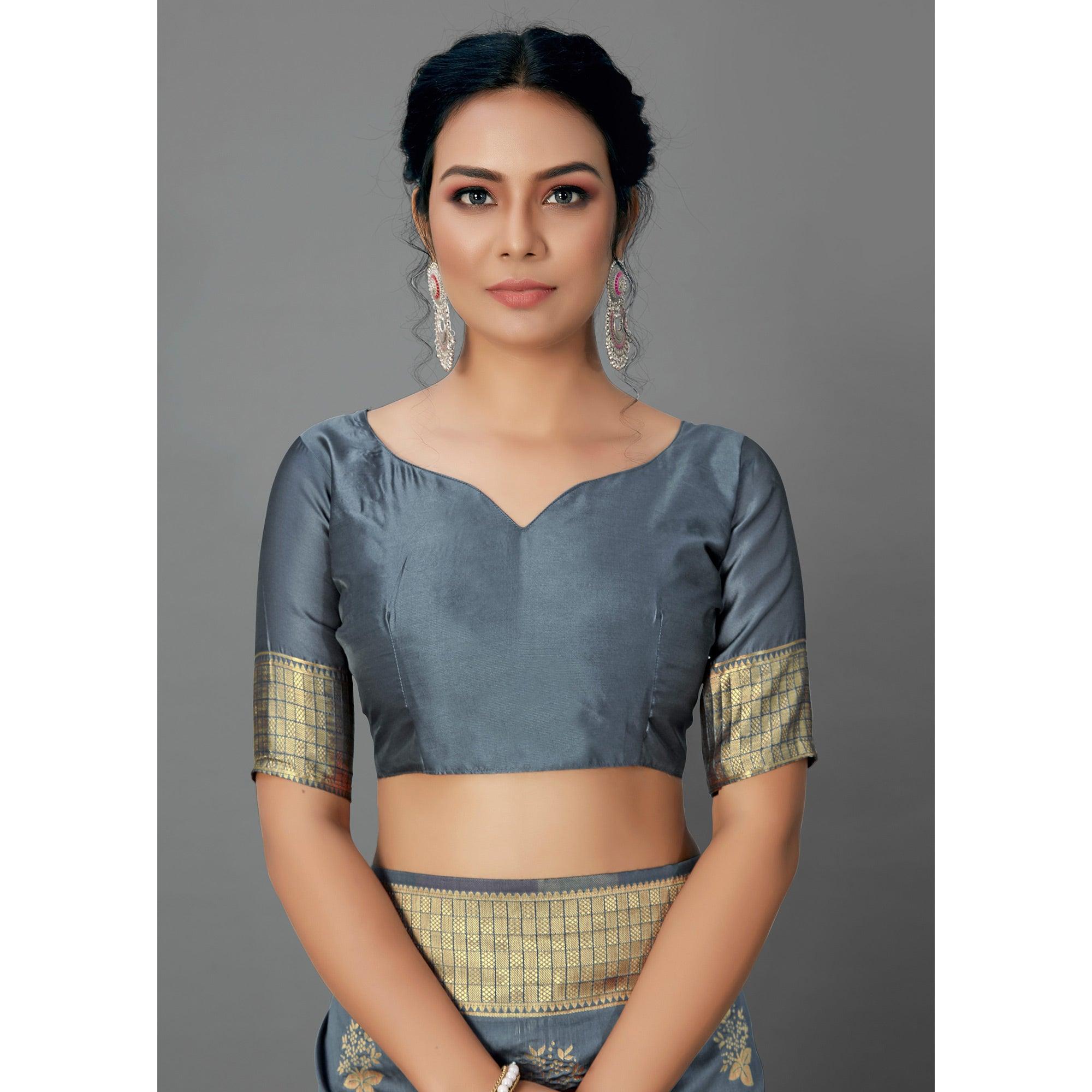 Grey Festive Wear Woven Silk Blend Saree - Peachmode
