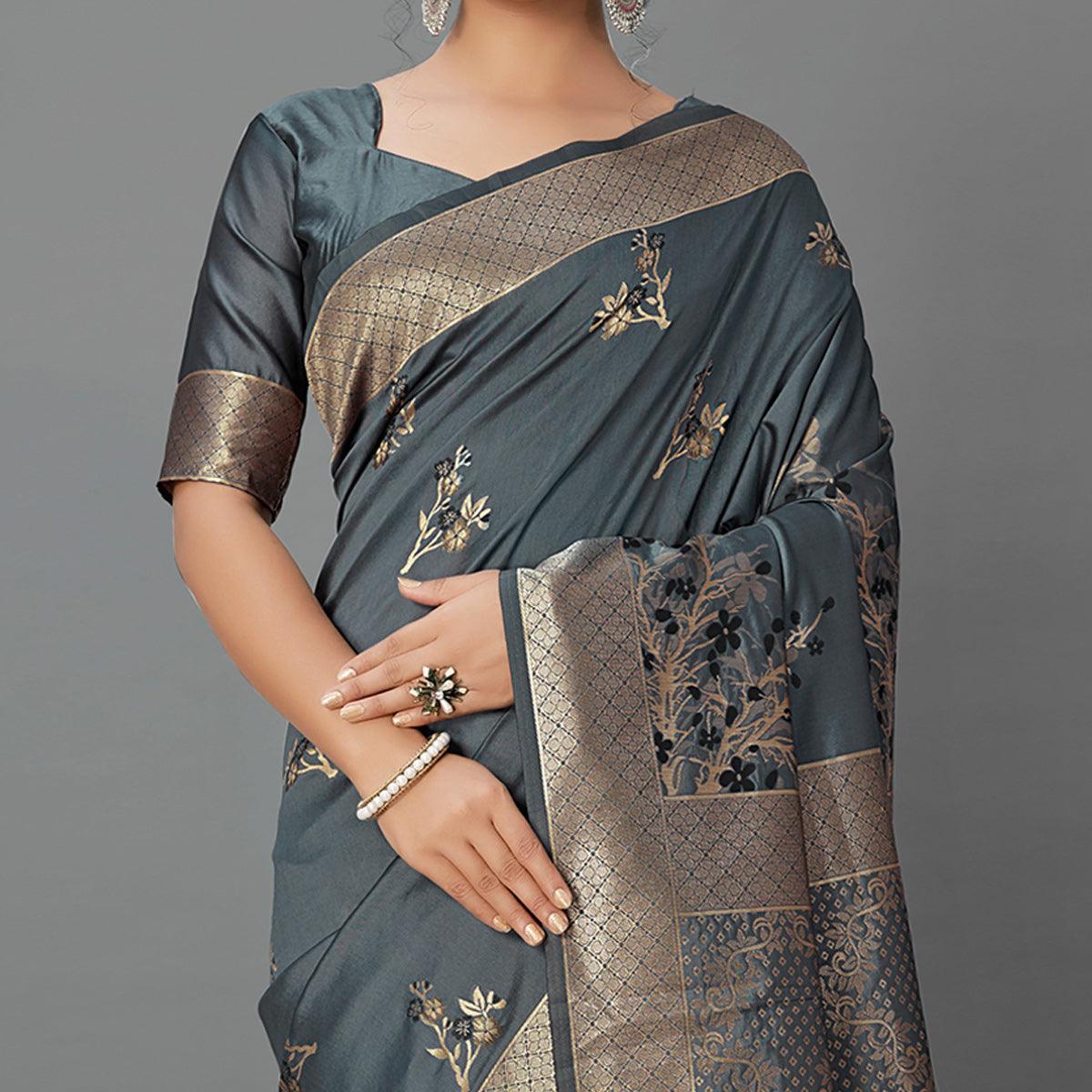 Grey Festive Wear Woven Silk Blend  Saree - Peachmode