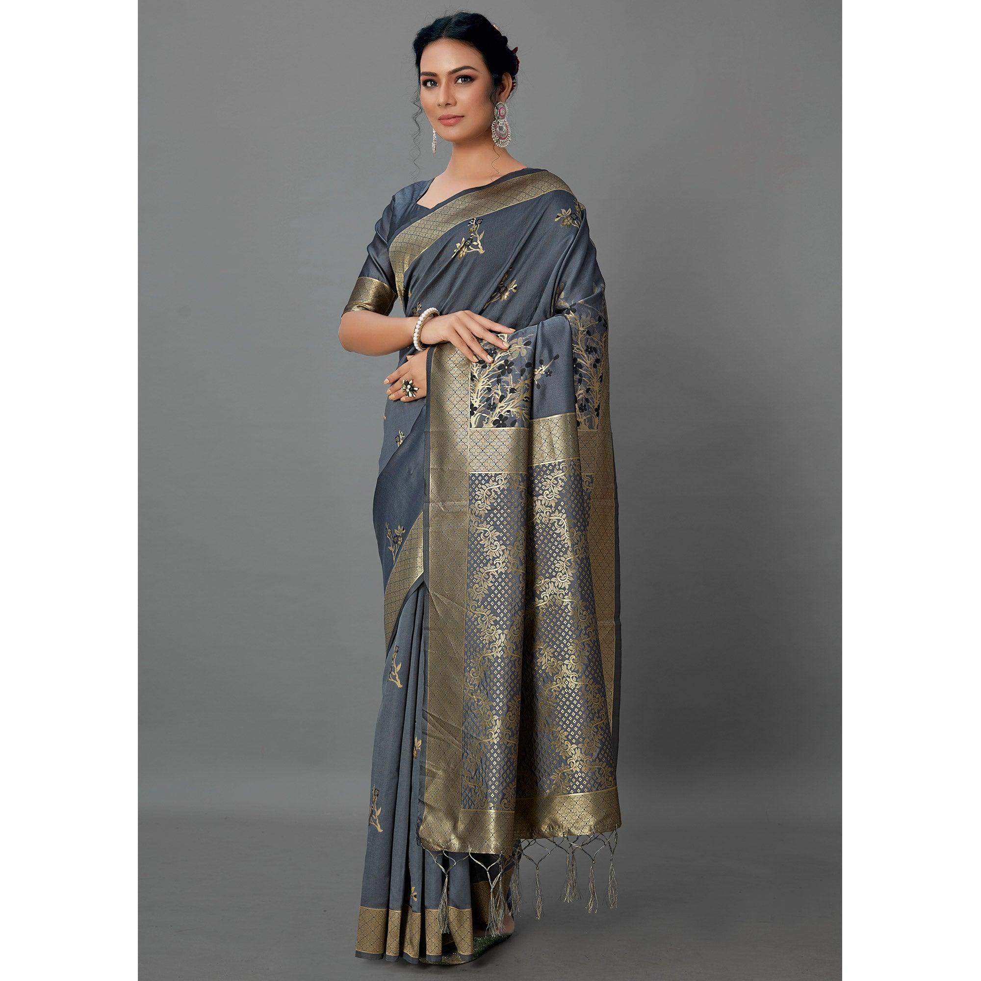Grey Festive Wear Woven Silk Blend  Saree - Peachmode