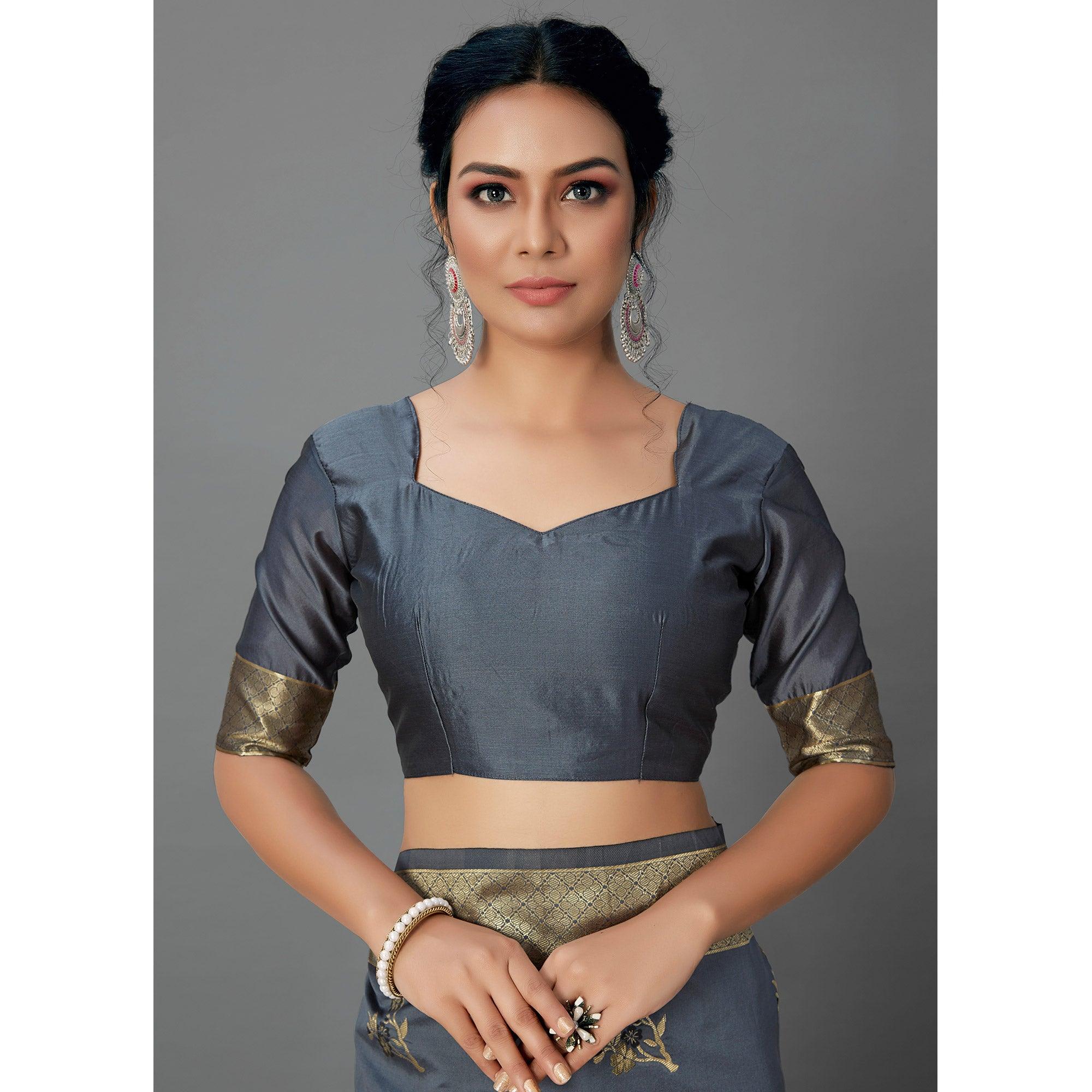Grey Festive Wear Woven Silk Blend  Saree - Peachmode