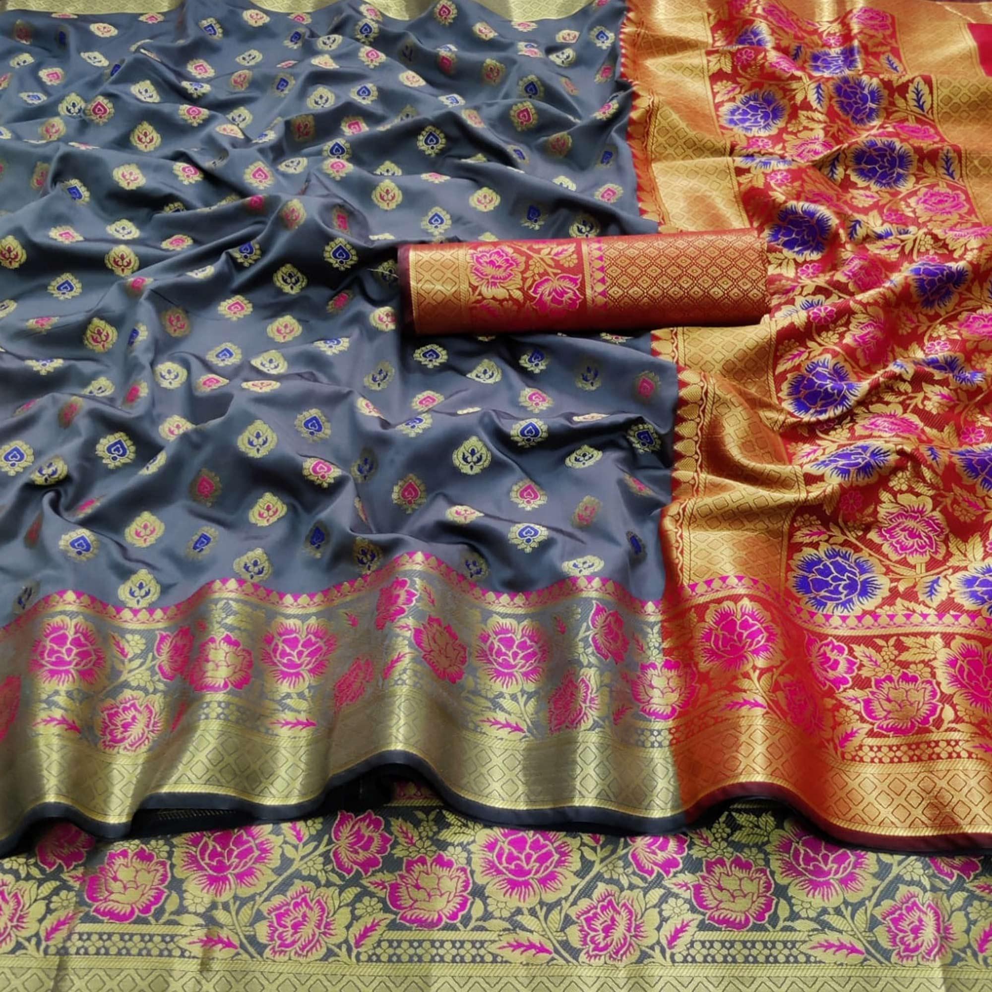 Grey Festive Wear Woven Silk Saree - Peachmode