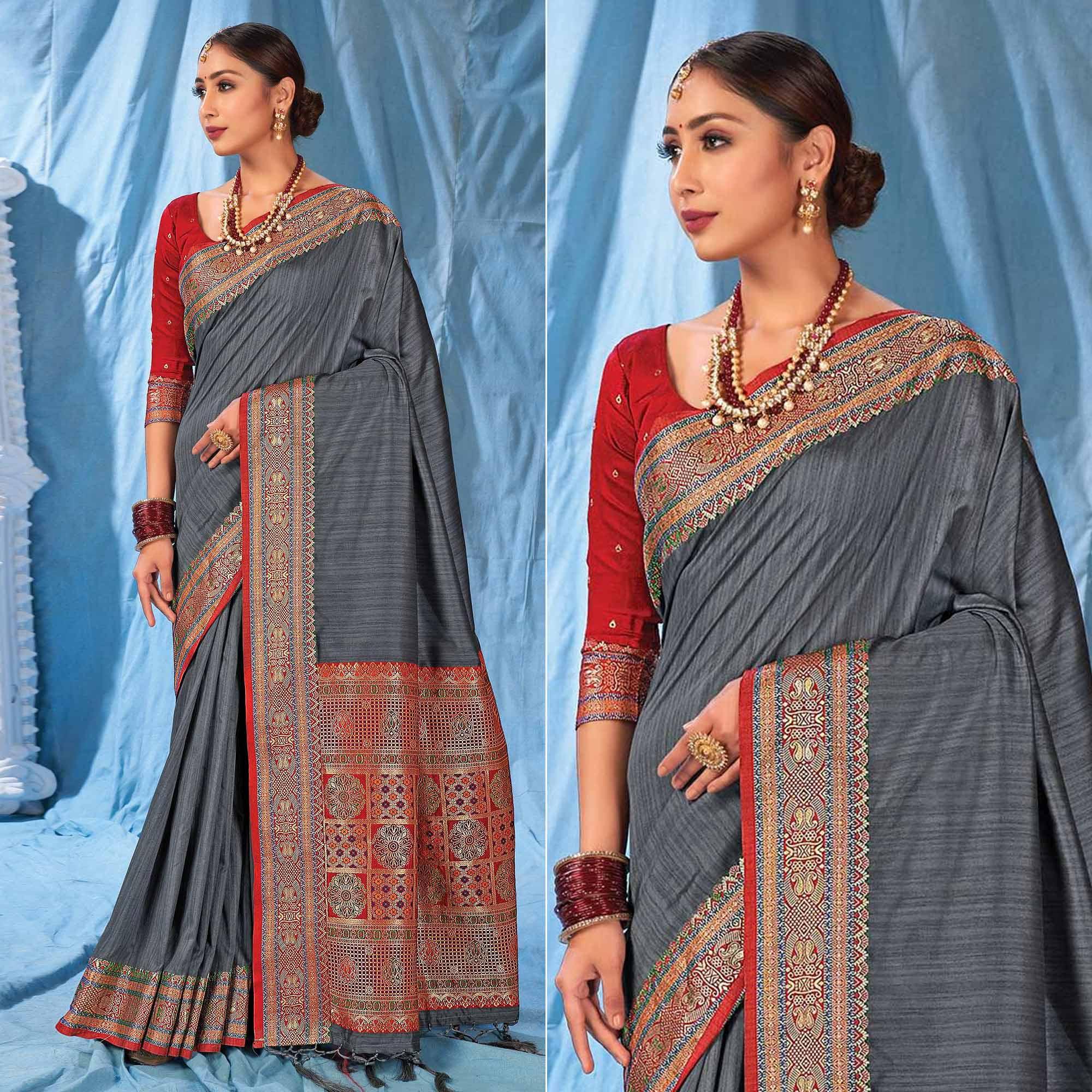Grey Festive Wear Woven Silk Saree - Peachmode