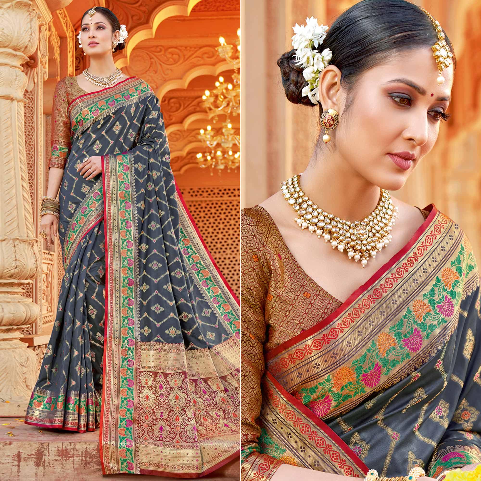 Grey Festive Wear Woven Silk Saree - Peachmode