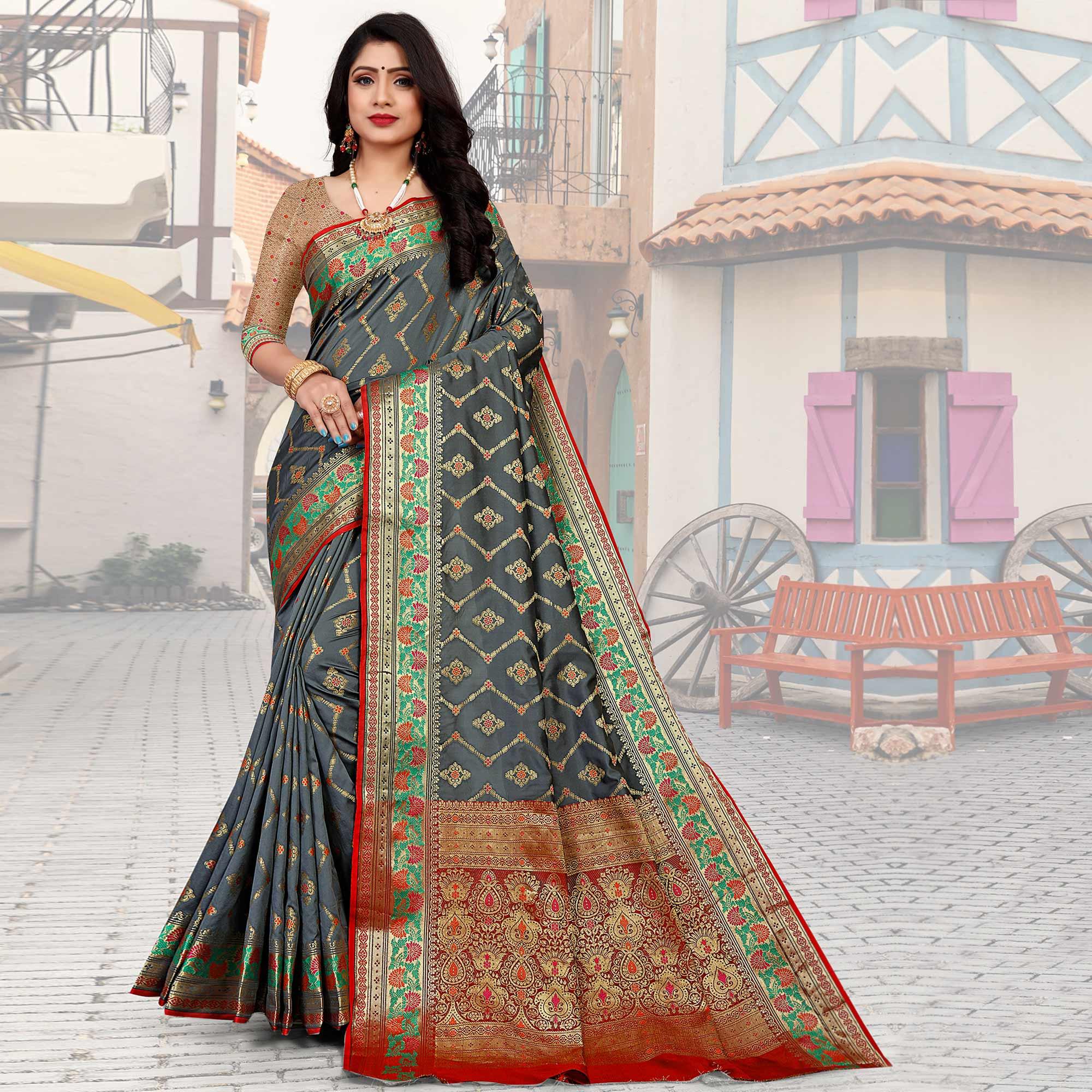 Grey Festive Wear Woven Silk Saree - Peachmode