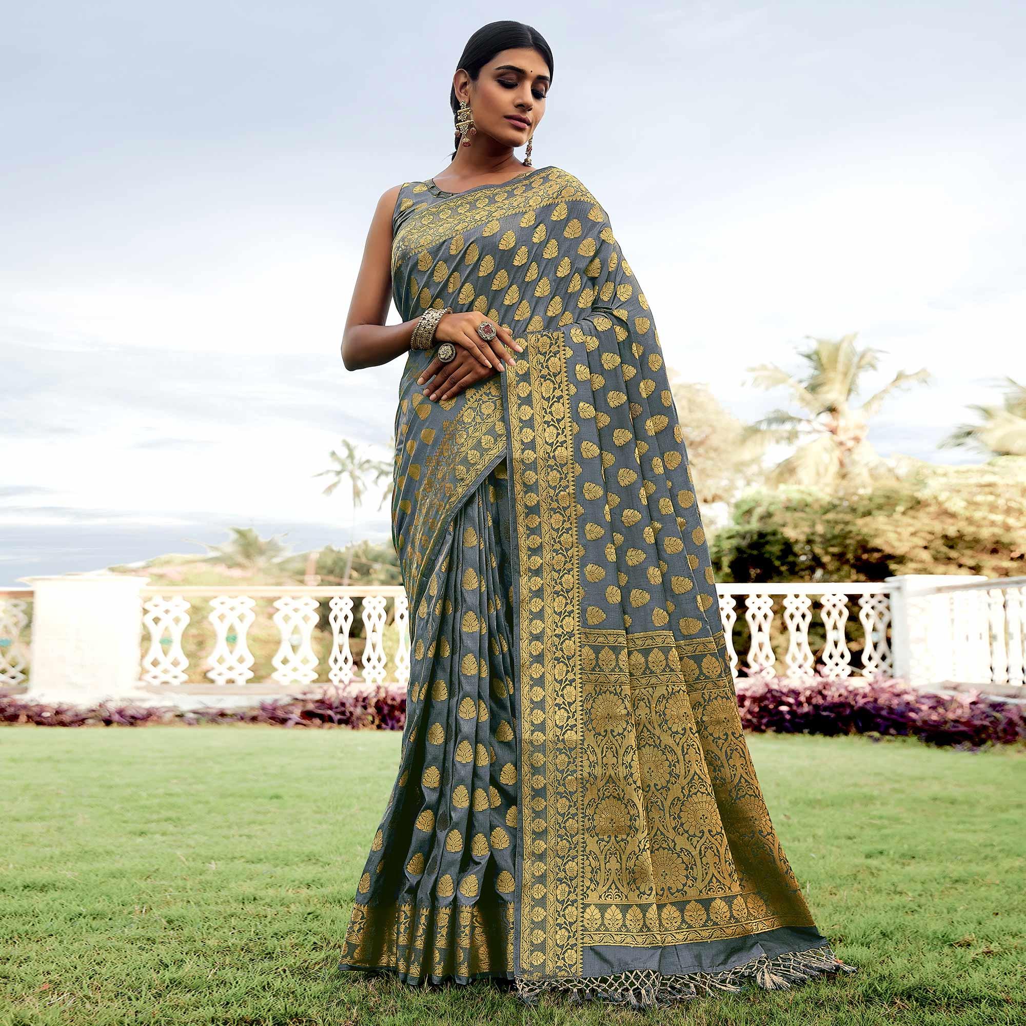 Grey Festive Wear Woven Silk Saree - Peachmode