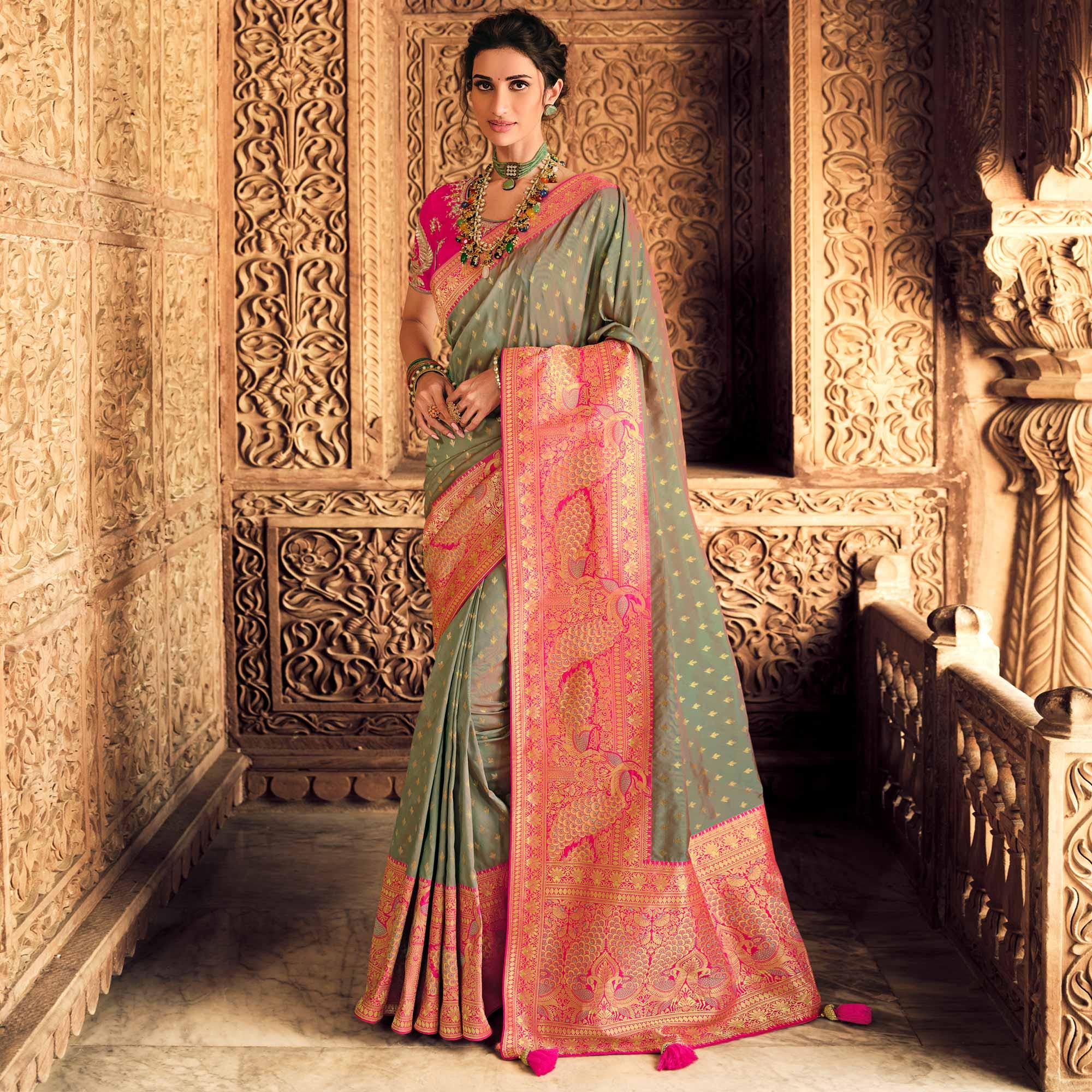 Grey Festive Wear Woven Silk Saree - Peachmode