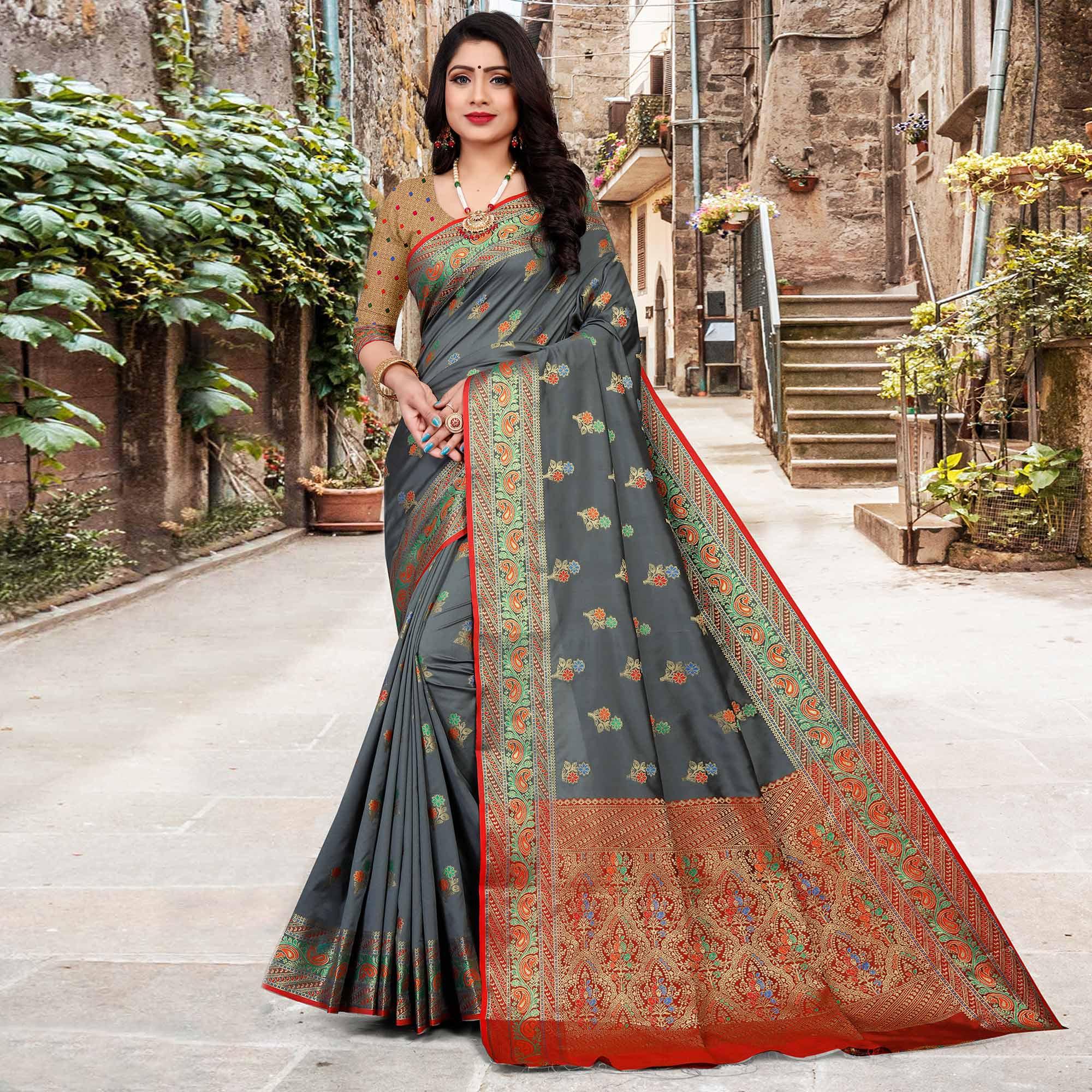 Grey Festive Wear Woven Silk Saree - Peachmode