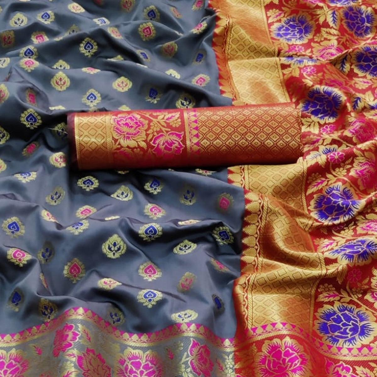 Grey Festive Wear Woven Silk Saree - Peachmode