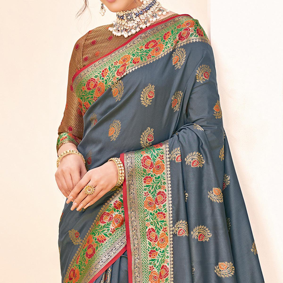 Grey Festive Wear Woven Silk Saree - Peachmode