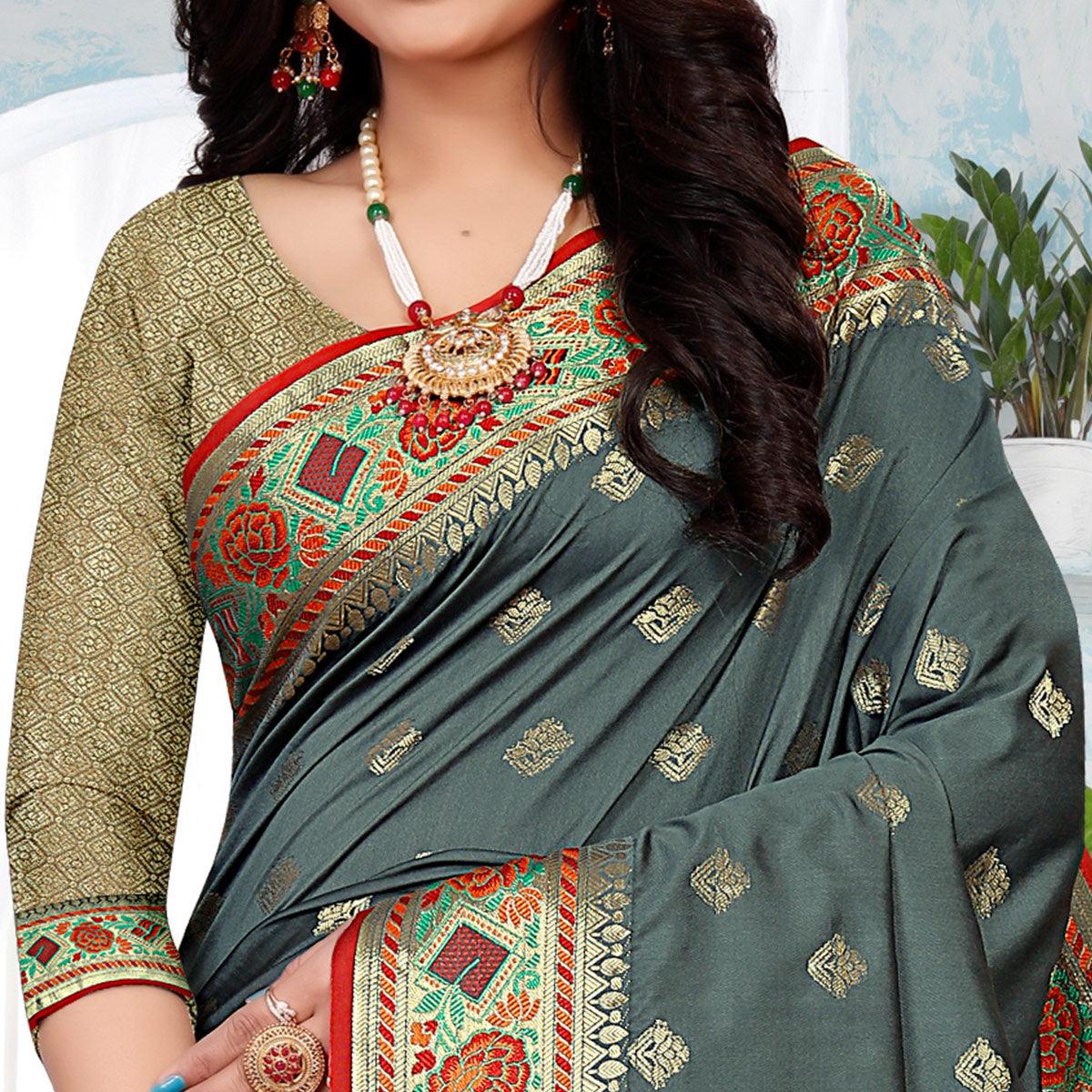 Grey Festive Wear Woven Silk Saree - Peachmode