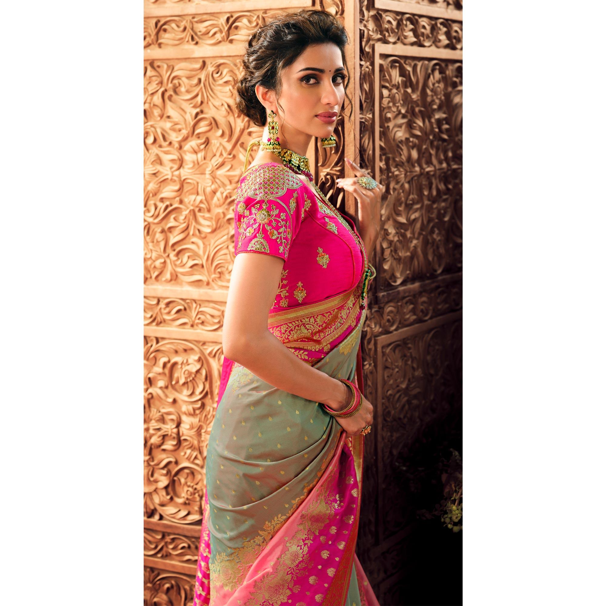 Grey Festive Wear Woven Silk Saree - Peachmode