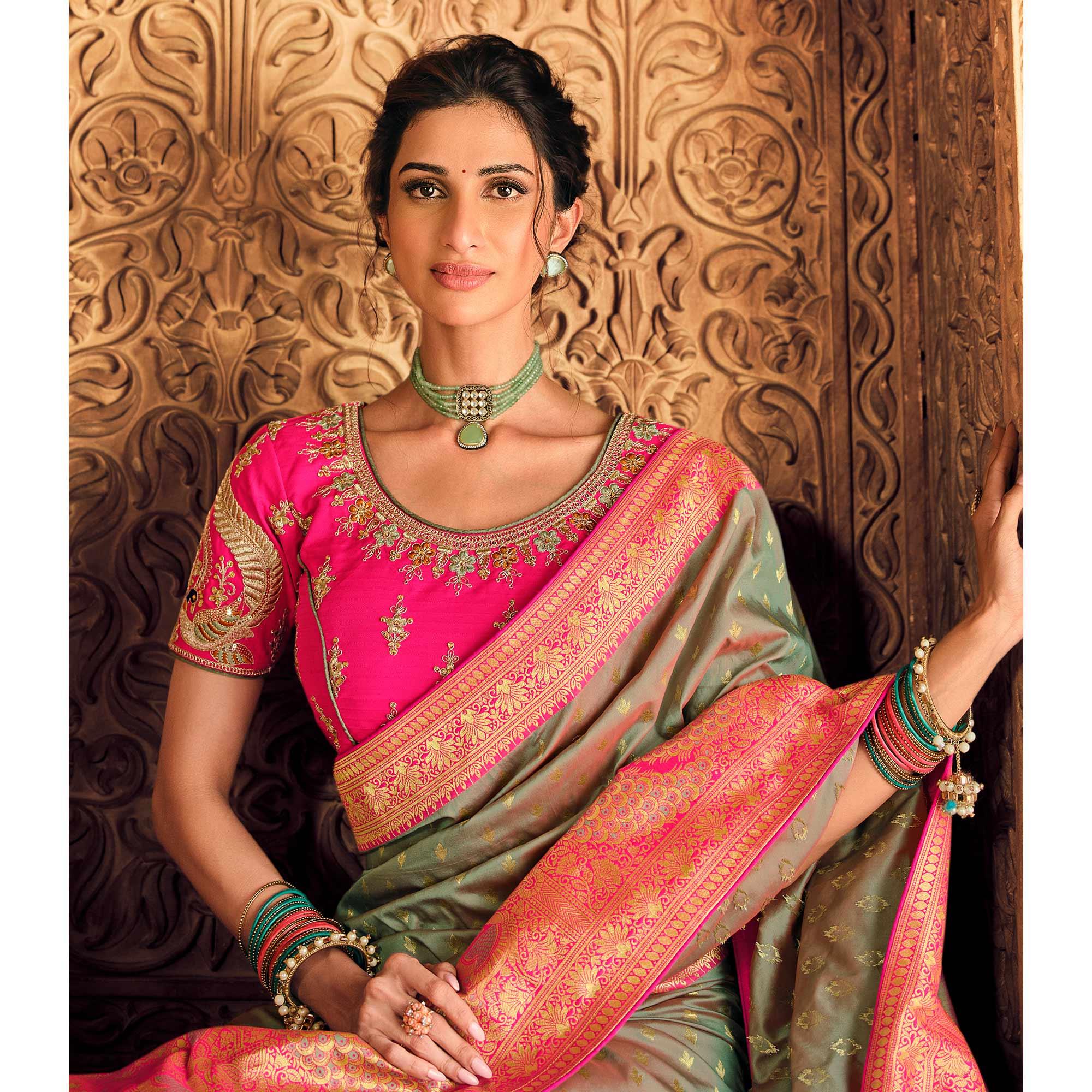 Grey Festive Wear Woven Silk Saree - Peachmode
