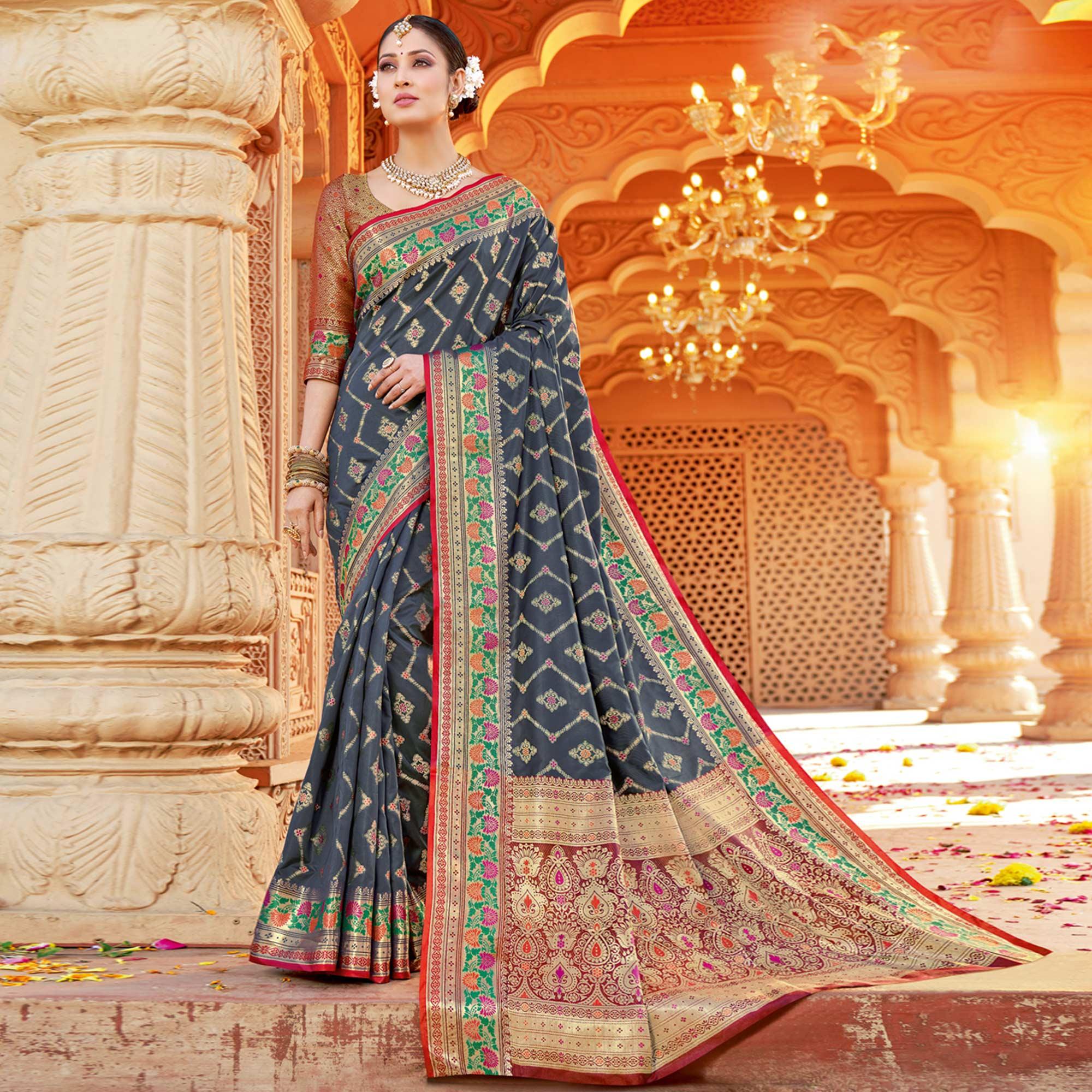 Grey Festive Wear Woven Silk Saree - Peachmode