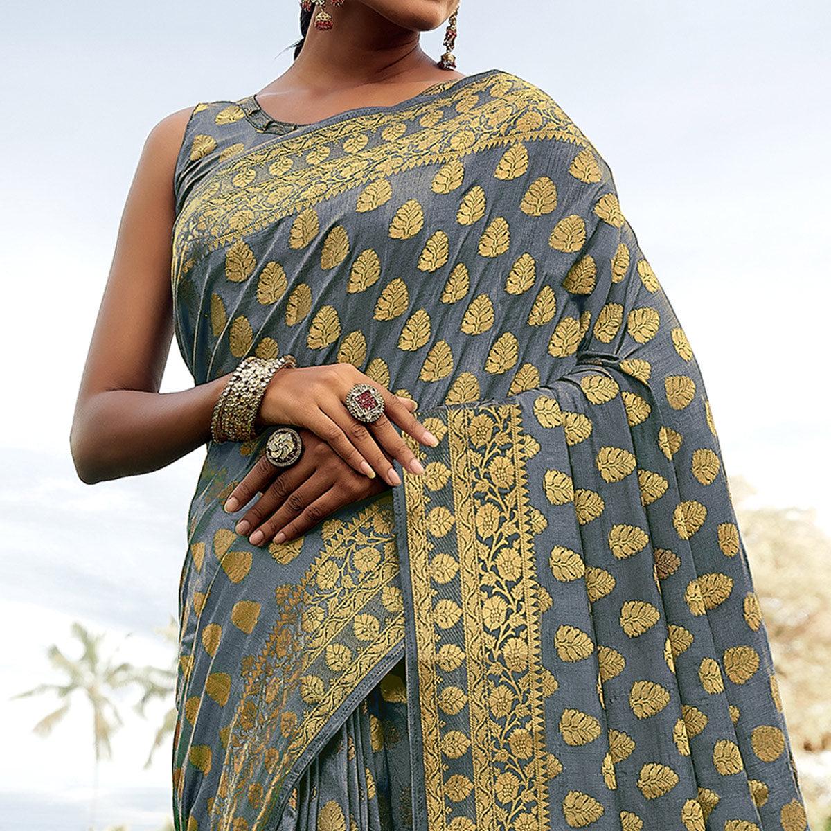 Grey Festive Wear Woven Silk Saree - Peachmode