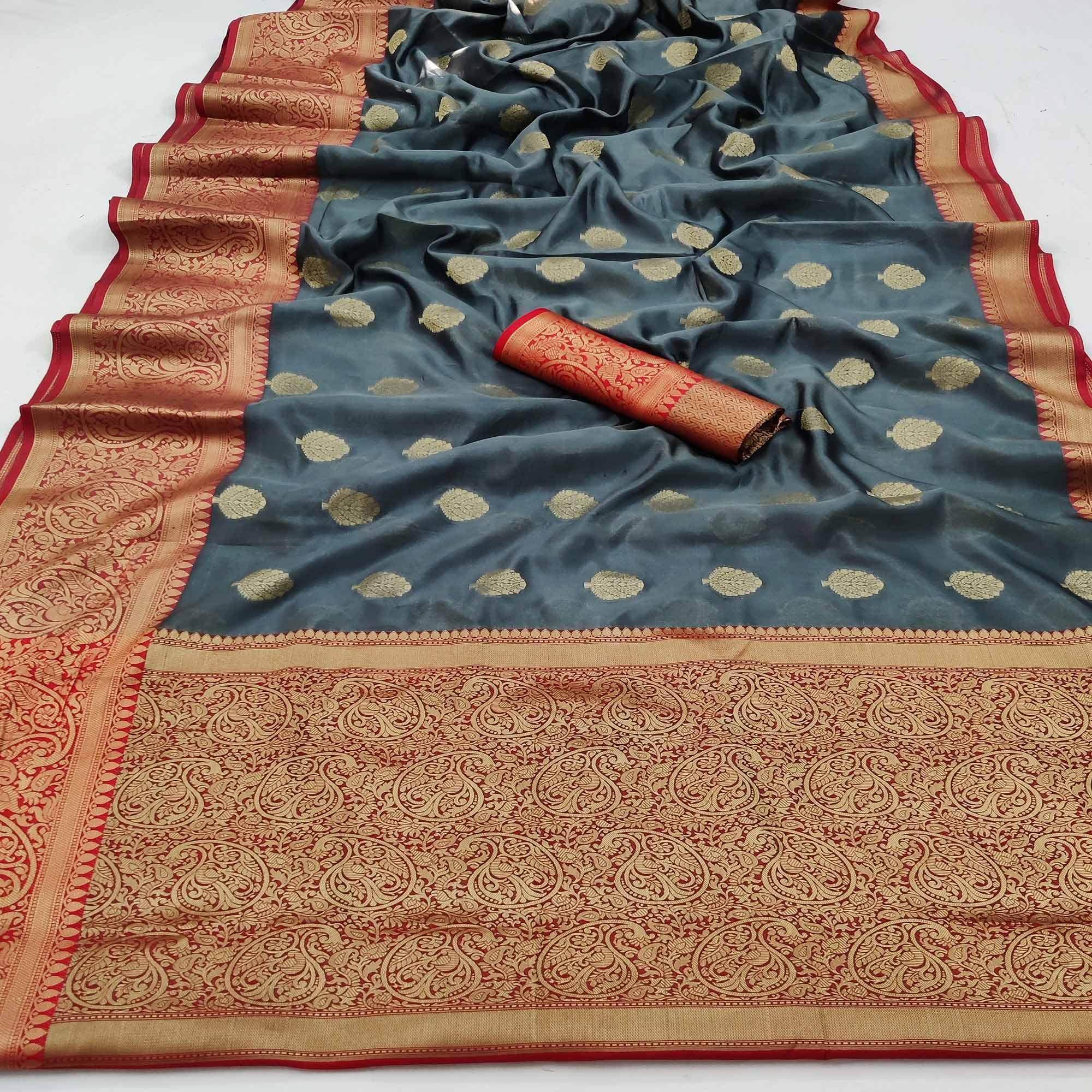 Grey Festive Wear Woven Silk Saree - Peachmode