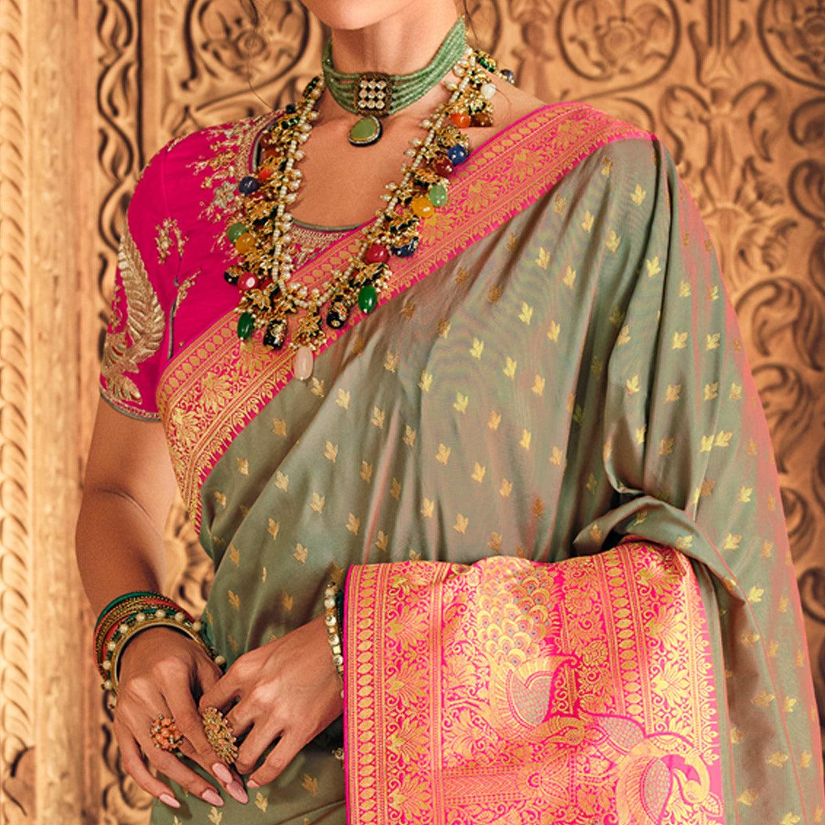 Grey Festive Wear Woven Silk Saree - Peachmode