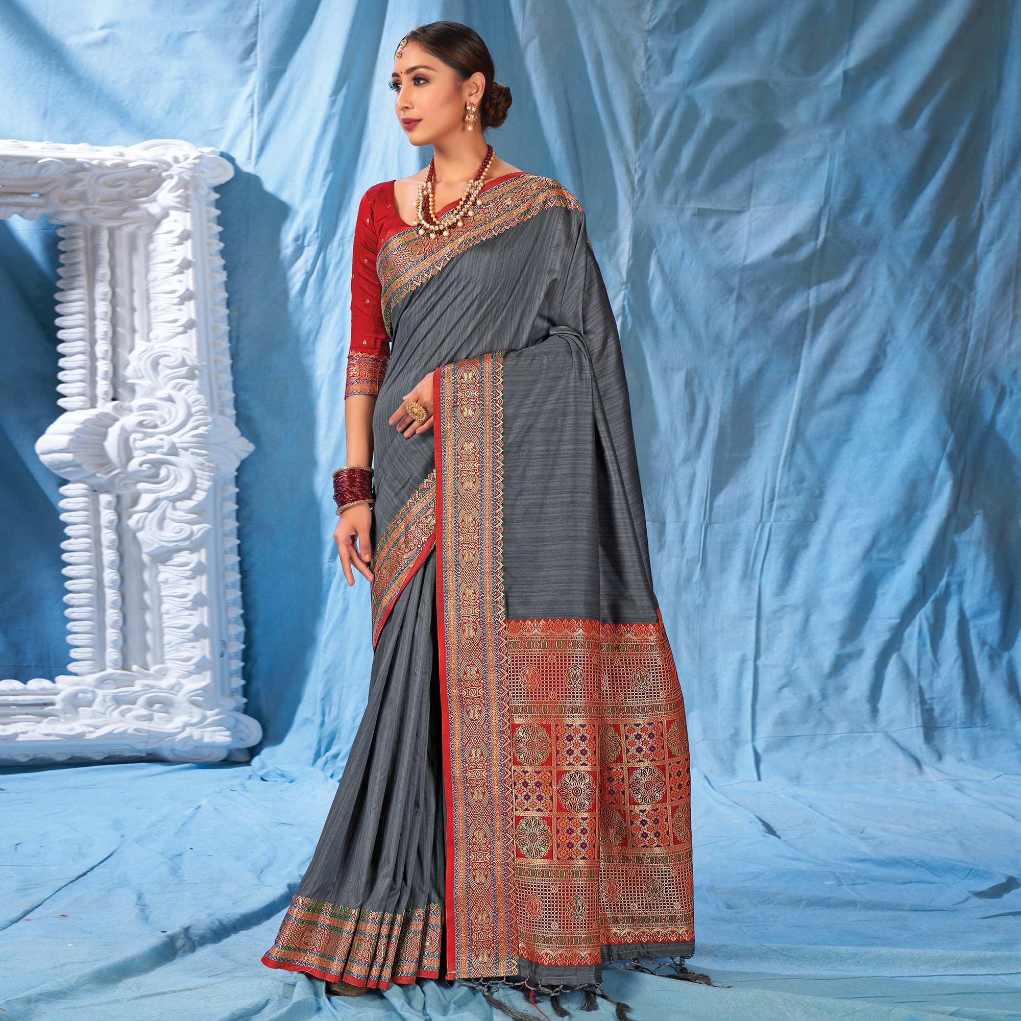 Grey Festive Wear Woven Silk Saree - Peachmode