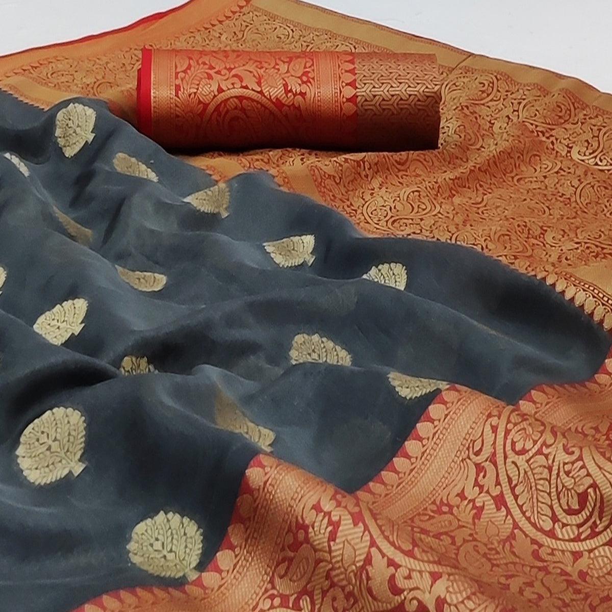 Grey Festive Wear Woven Silk Saree - Peachmode