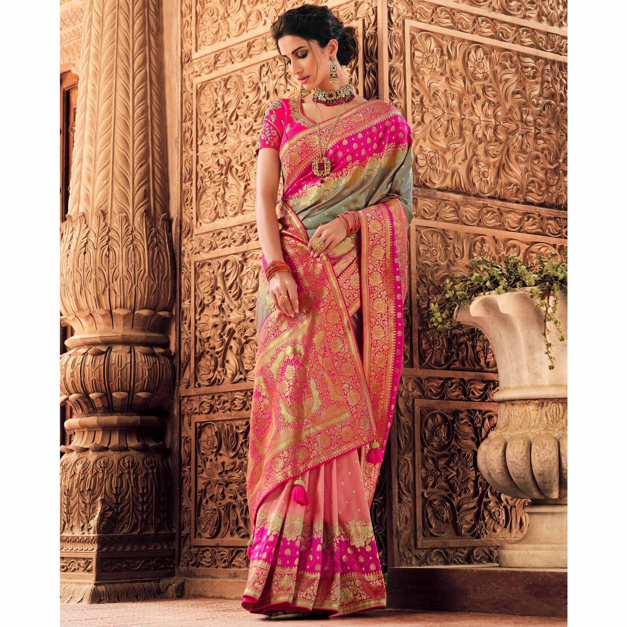 Grey Festive Wear Woven Silk Saree - Peachmode