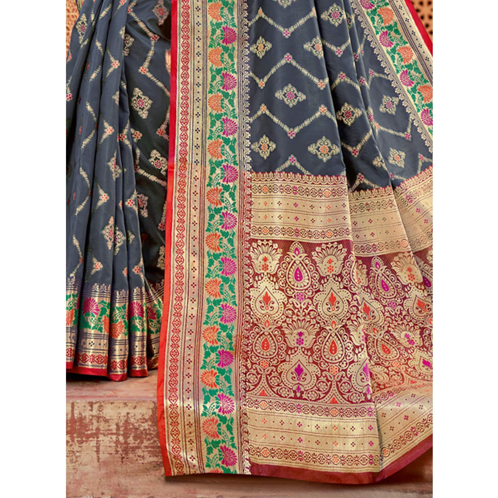 Grey Festive Wear Woven Silk Saree - Peachmode