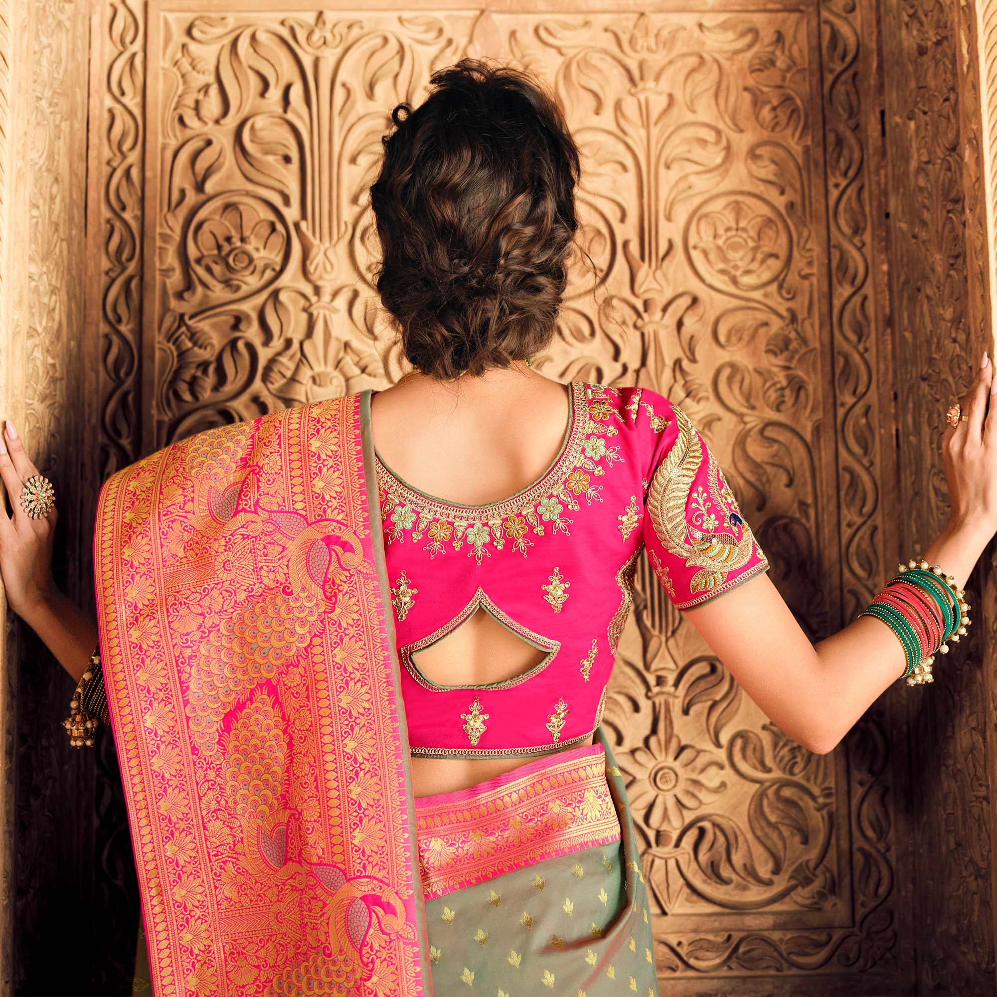 Grey Festive Wear Woven Silk Saree - Peachmode