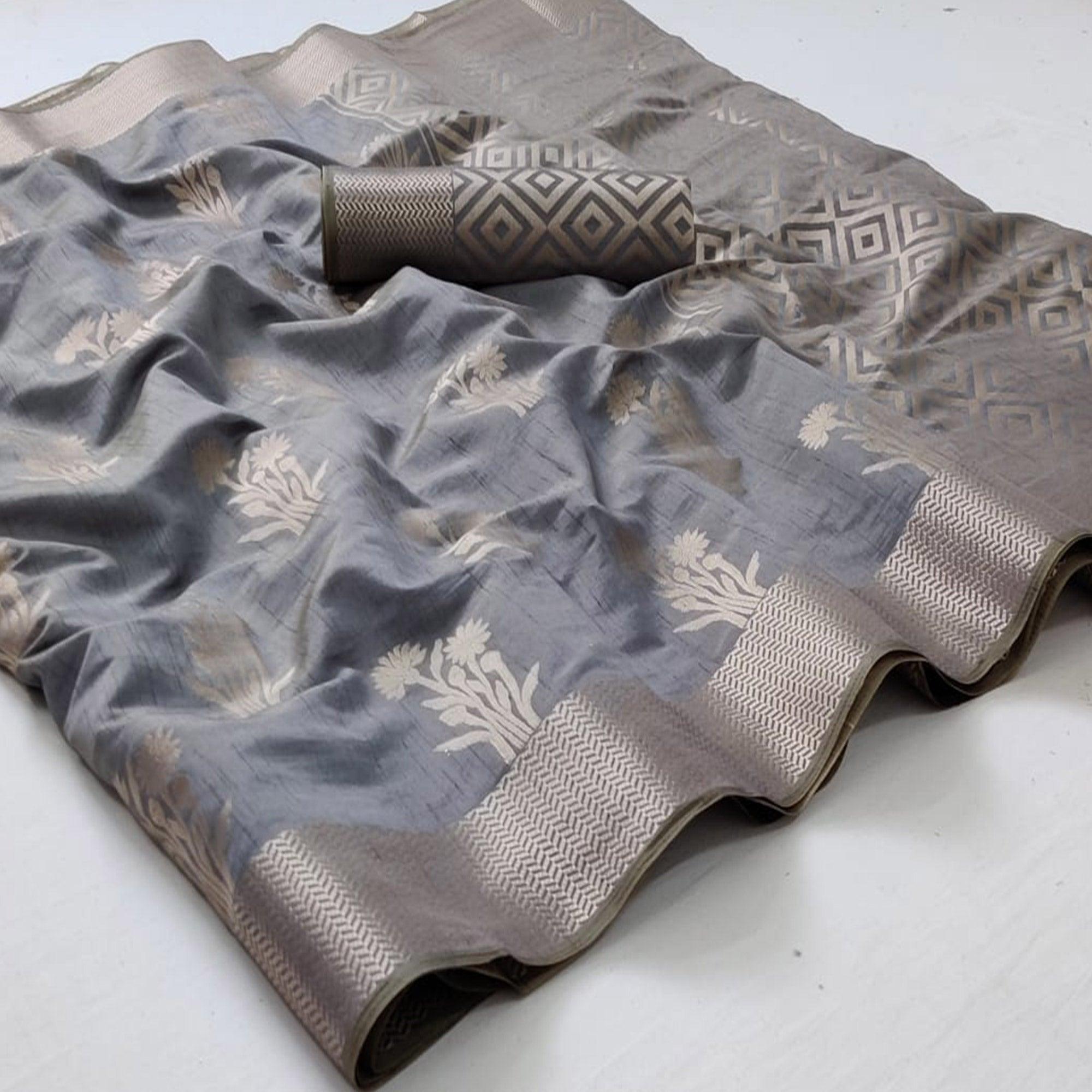 Grey Festive Wear Woven Silk Saree With Butta Pallu - Peachmode