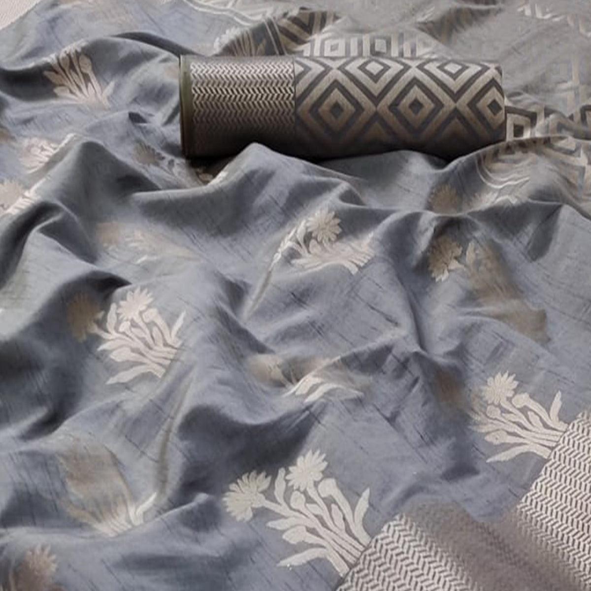 Grey Festive Wear Woven Silk Saree With Butta Pallu - Peachmode