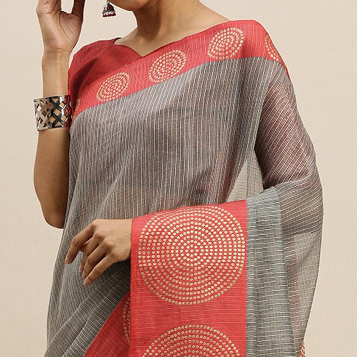 Grey Festive Wear Woven Silk Saree With Jacquard Border - Peachmode