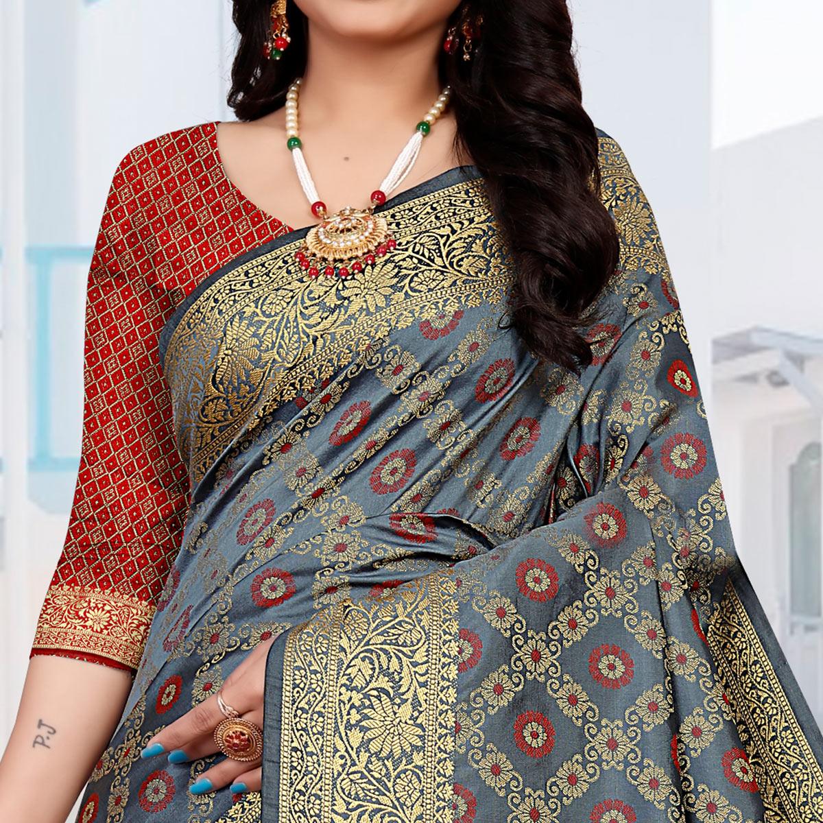 Grey Festive Wear Woven Silk Saree With Patola Rich Pallu - Peachmode