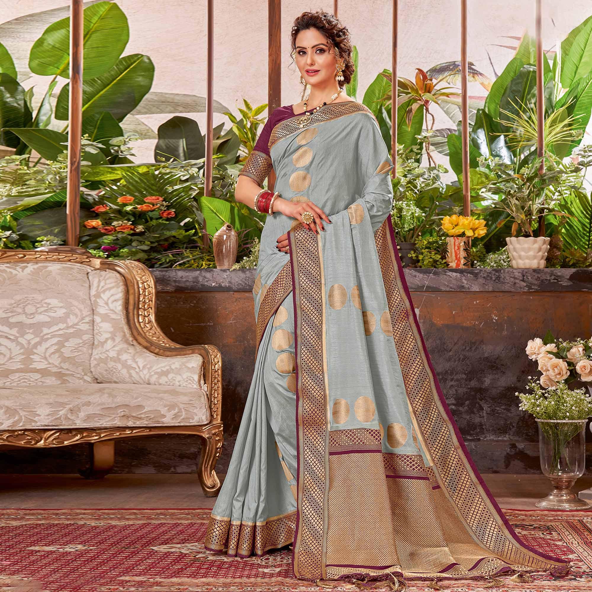 Grey Festive Wear Woven Silk Saree With Tassels - Peachmode