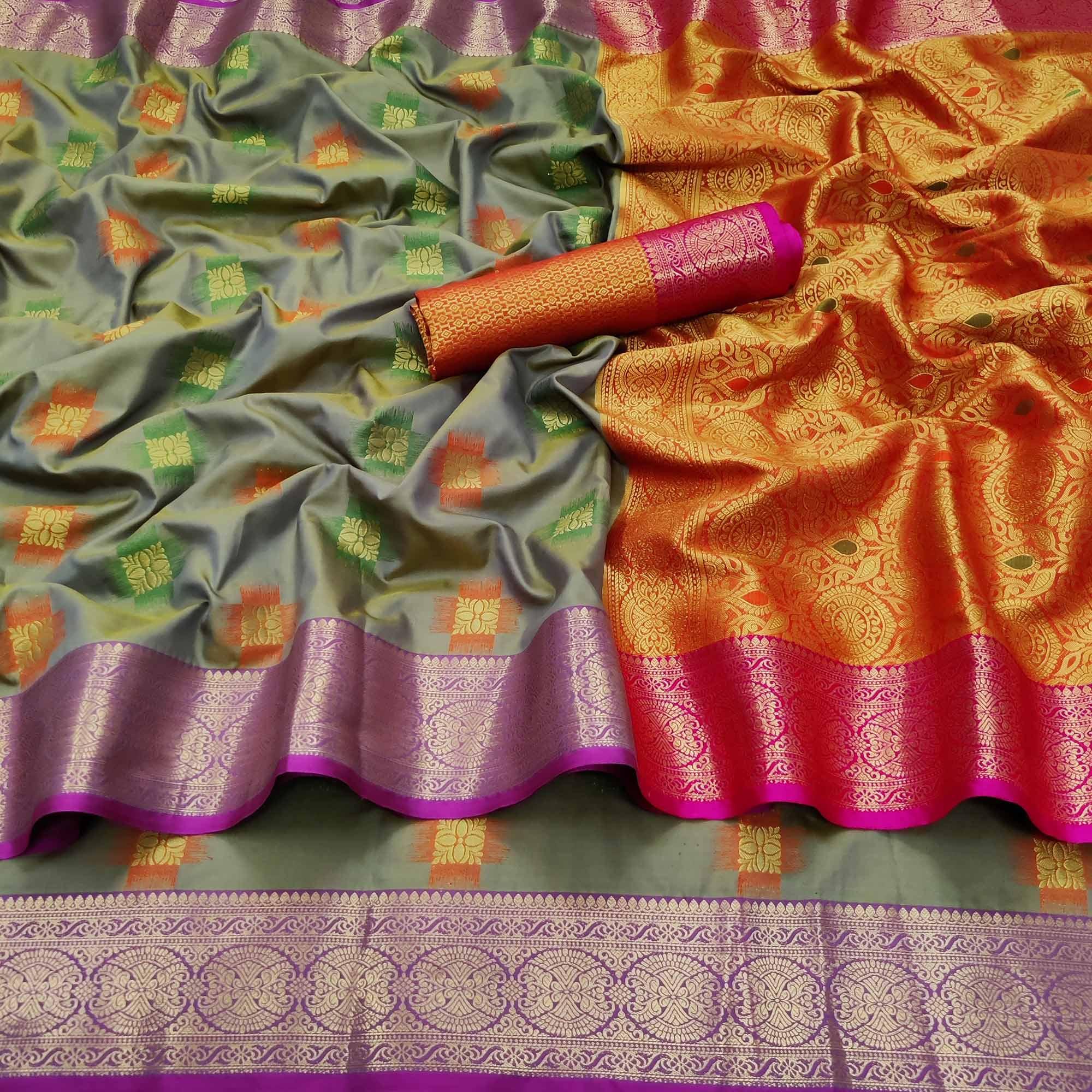 Grey Festive Wear Woven Soft Banarasi Silk Saree - Peachmode