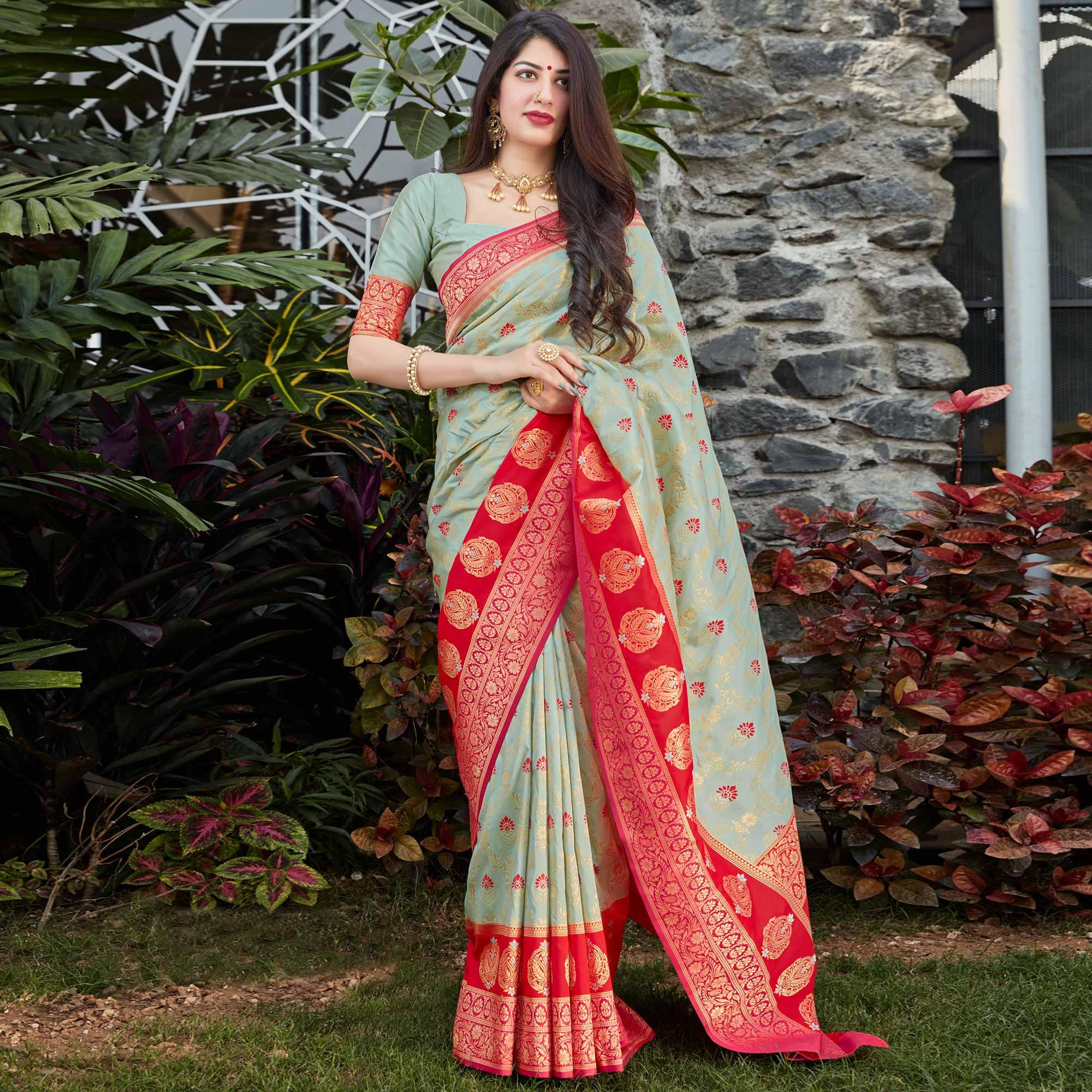 Grey Festive Wear Woven Soft Banarasi Silk Saree - Peachmode