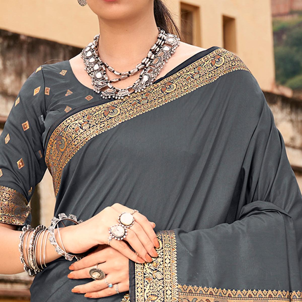 Grey Festive Wear Woven Soft Banarasi Silk Saree - Peachmode