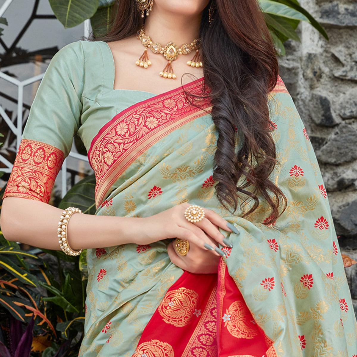 Grey Festive Wear Woven Soft Banarasi Silk Saree - Peachmode