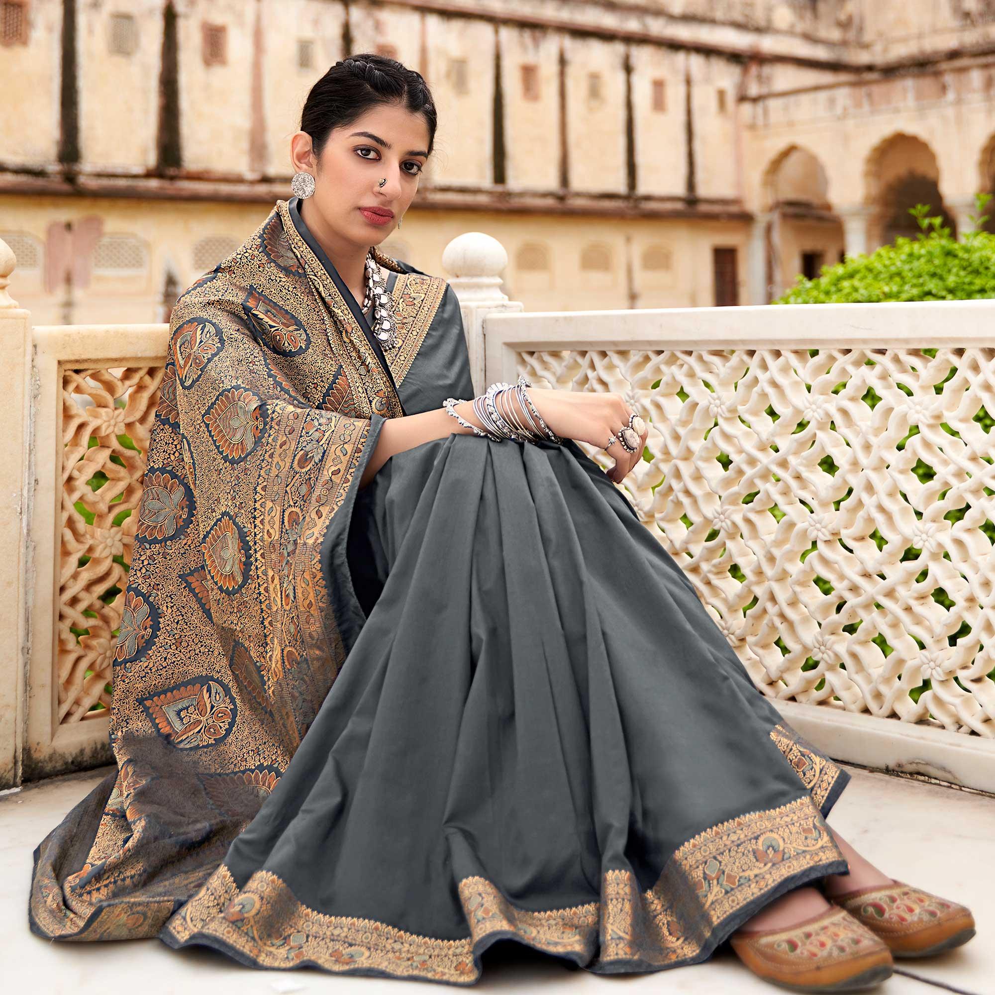 Grey Festive Wear Woven Soft Banarasi Silk Saree - Peachmode