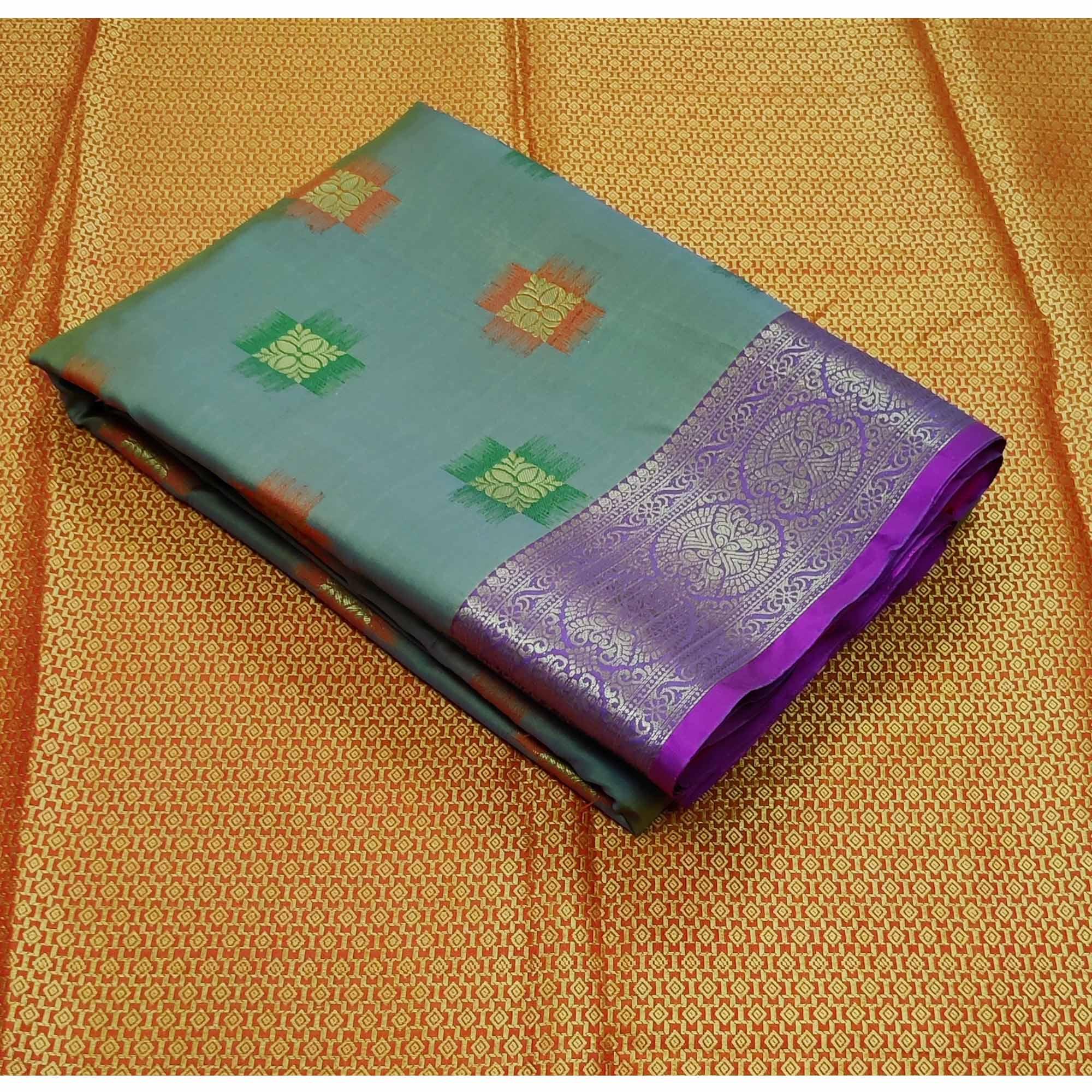 Grey Festive Wear Woven Soft Banarasi Silk Saree - Peachmode
