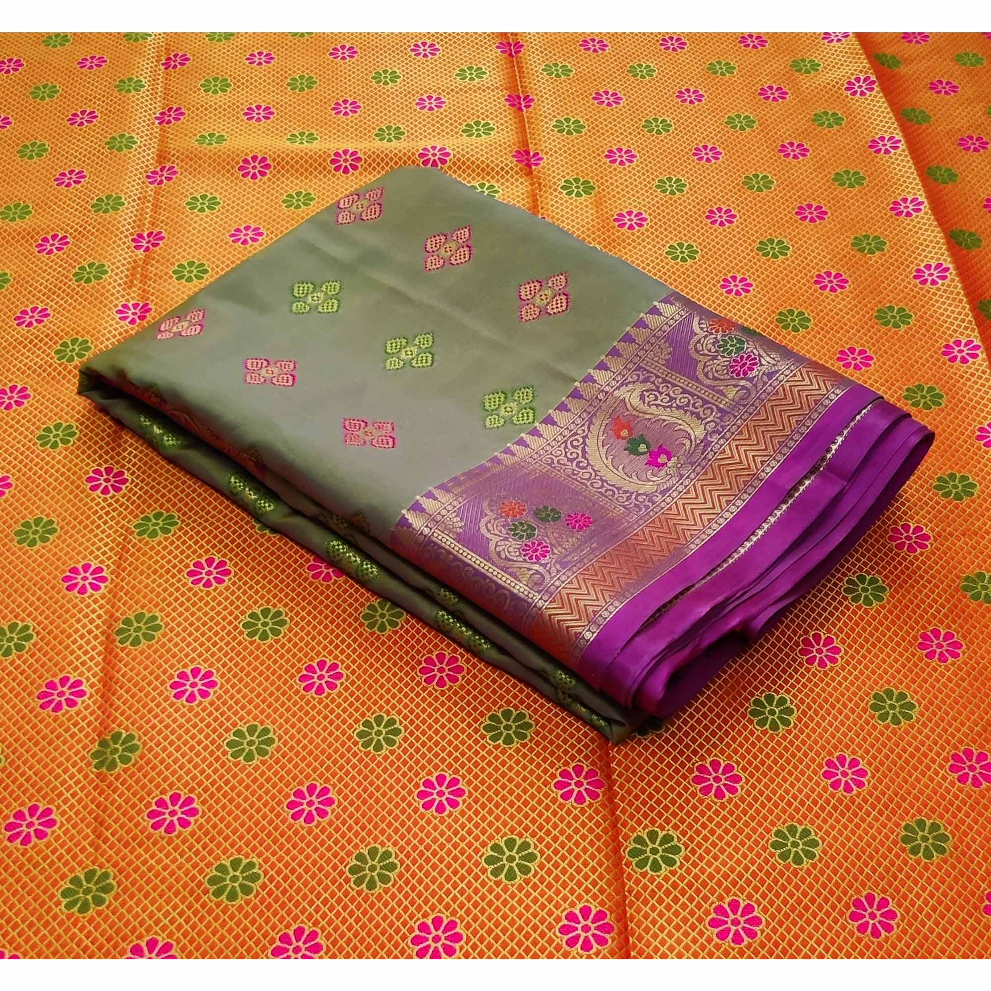 Grey Festive Wear Woven Soft Banarasi Silk Saree - Peachmode