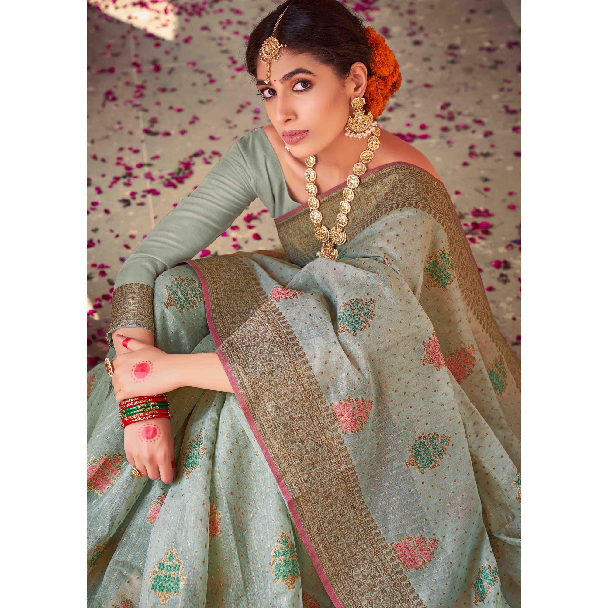 Grey Festive Wear Woven Soft Cotton Saree - Peachmode