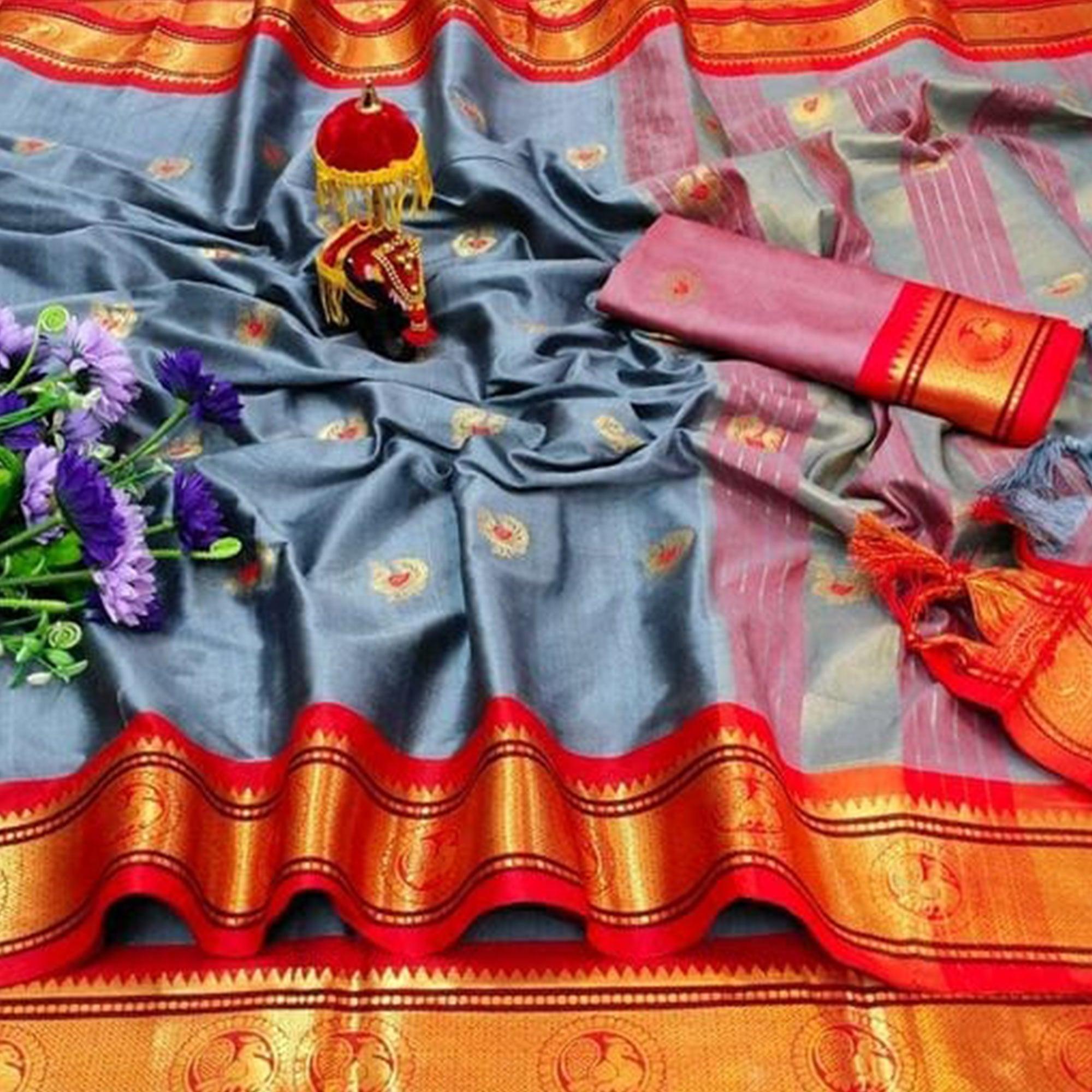 Grey Festive Wear Woven Soft Cotton Saree With Border - Peachmode