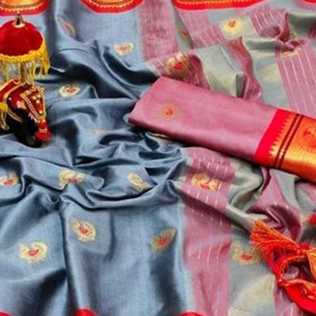 Grey Festive Wear Woven Soft Cotton Saree With Border - Peachmode