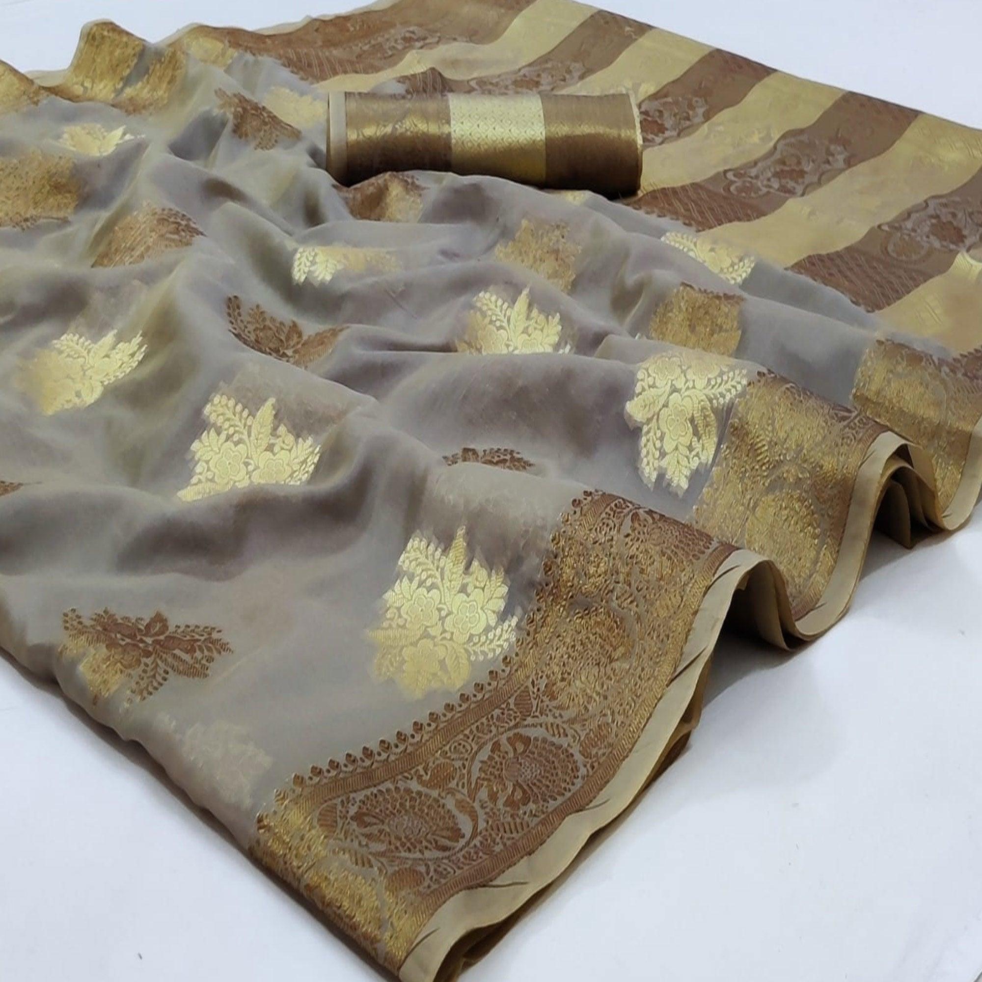 Grey Festive Wear Woven Soft Organza Saree - Peachmode