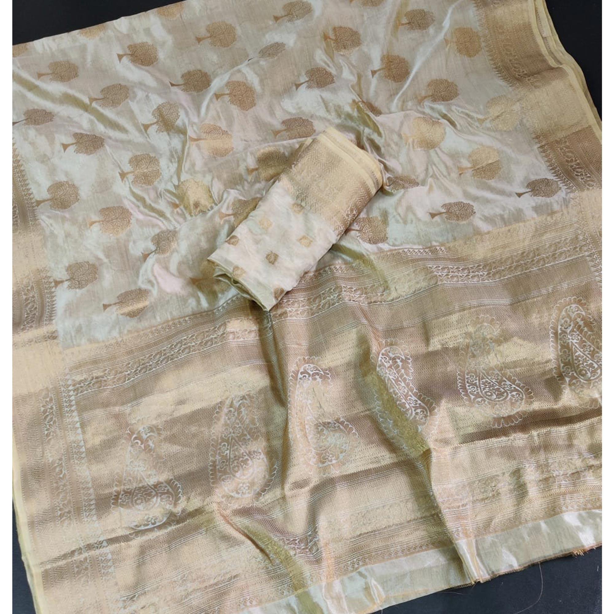 Grey Festive Wear Woven Soft Organza Saree - Peachmode