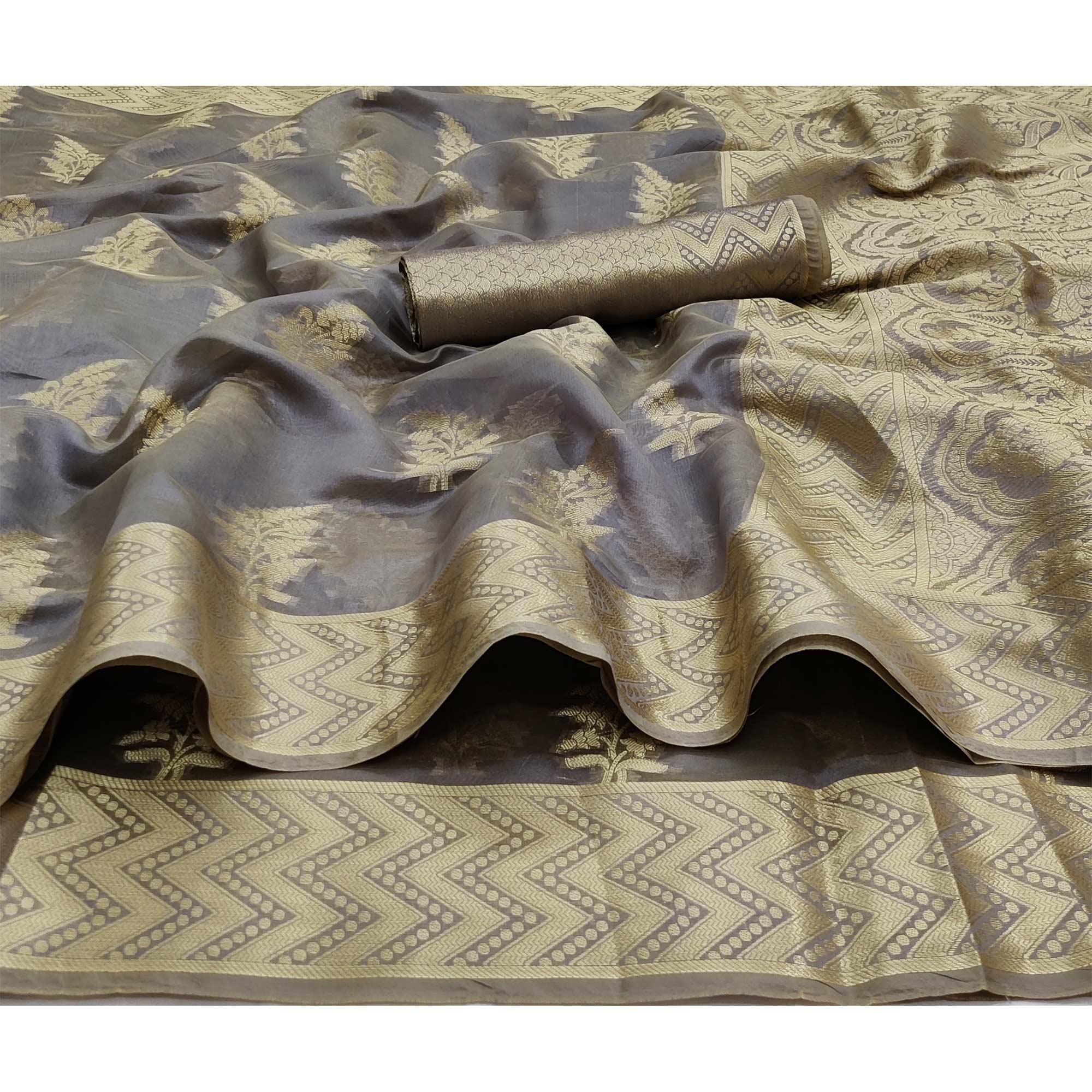 Grey Festive Wear Woven Soft Organza Saree - Peachmode
