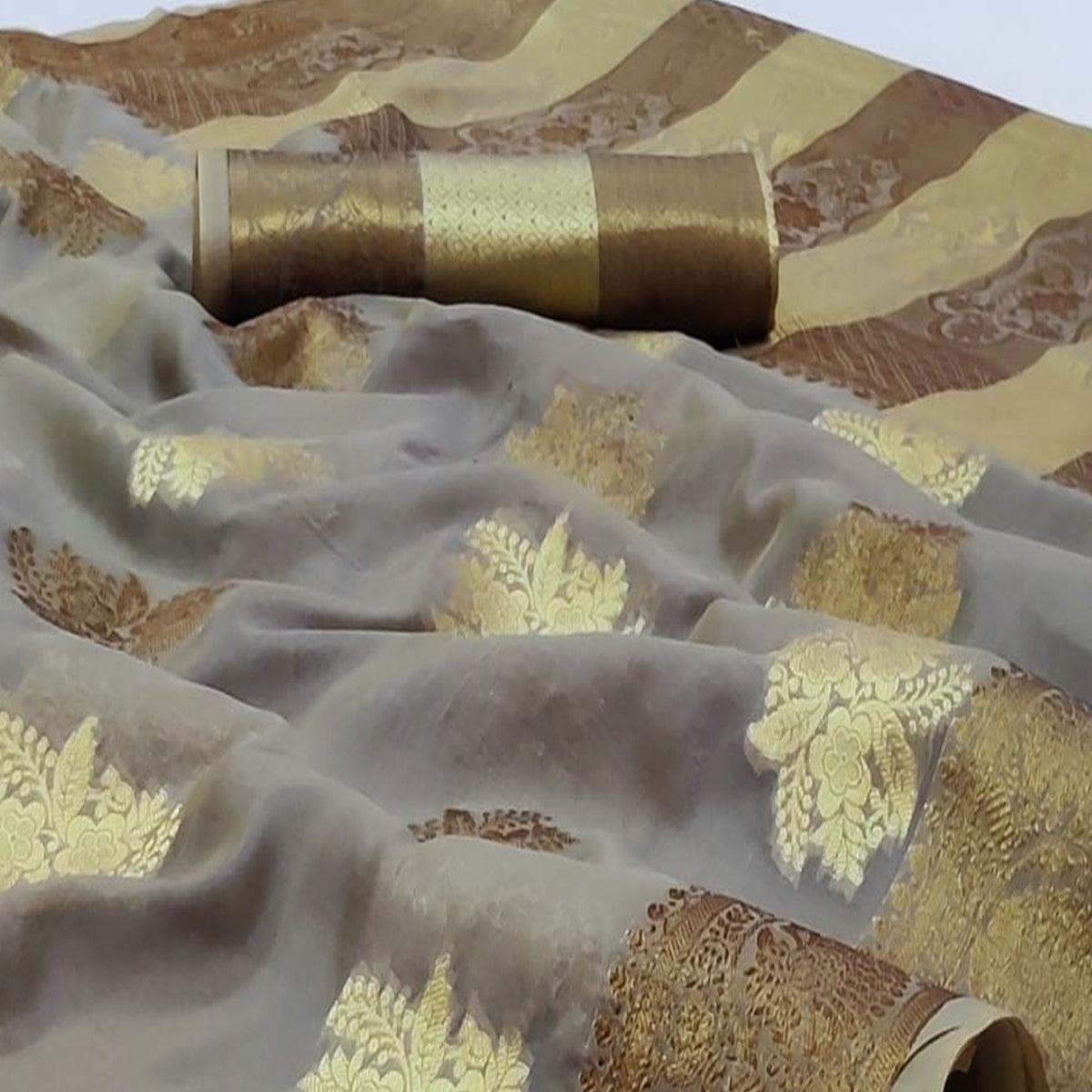Grey Festive Wear Woven Soft Organza Saree - Peachmode