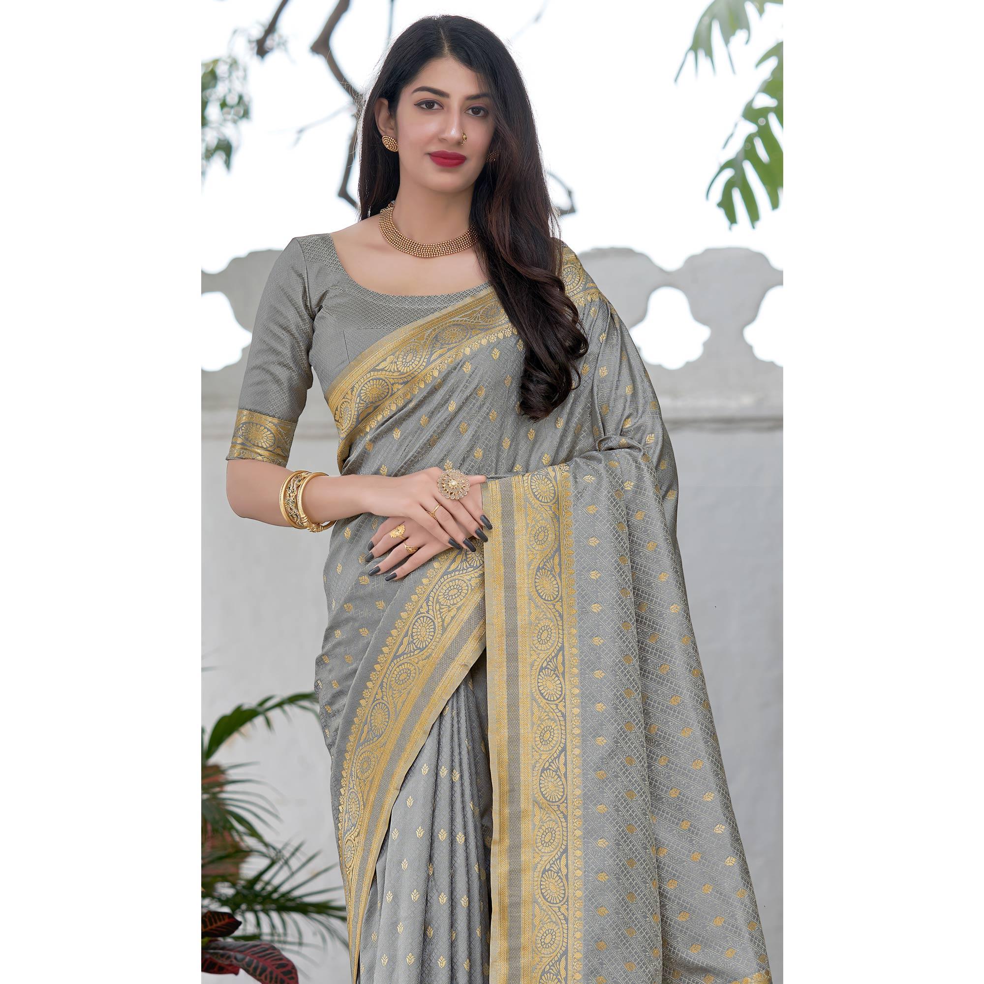 Grey Festive Wear Woven Soft Satin Silk Saree - Peachmode