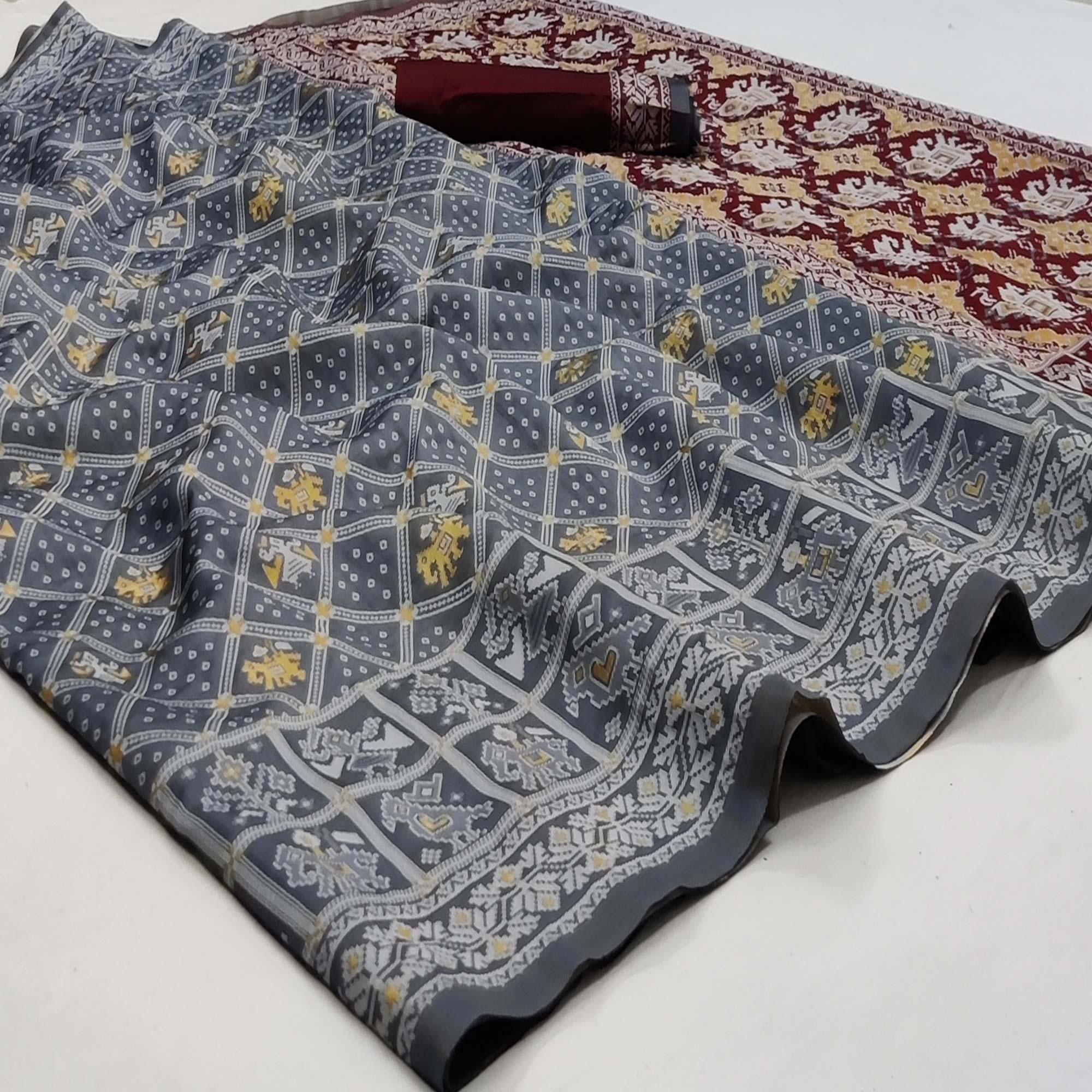 Grey Festive Wear Woven Soft Silk Patola Saree - Peachmode