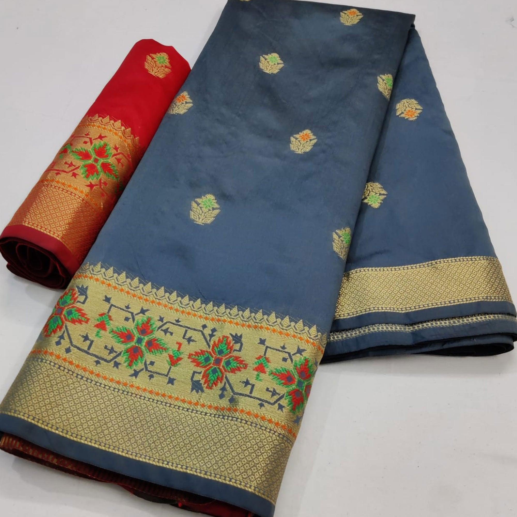 Grey Festive Wear Woven Soft Silk Saree - Peachmode