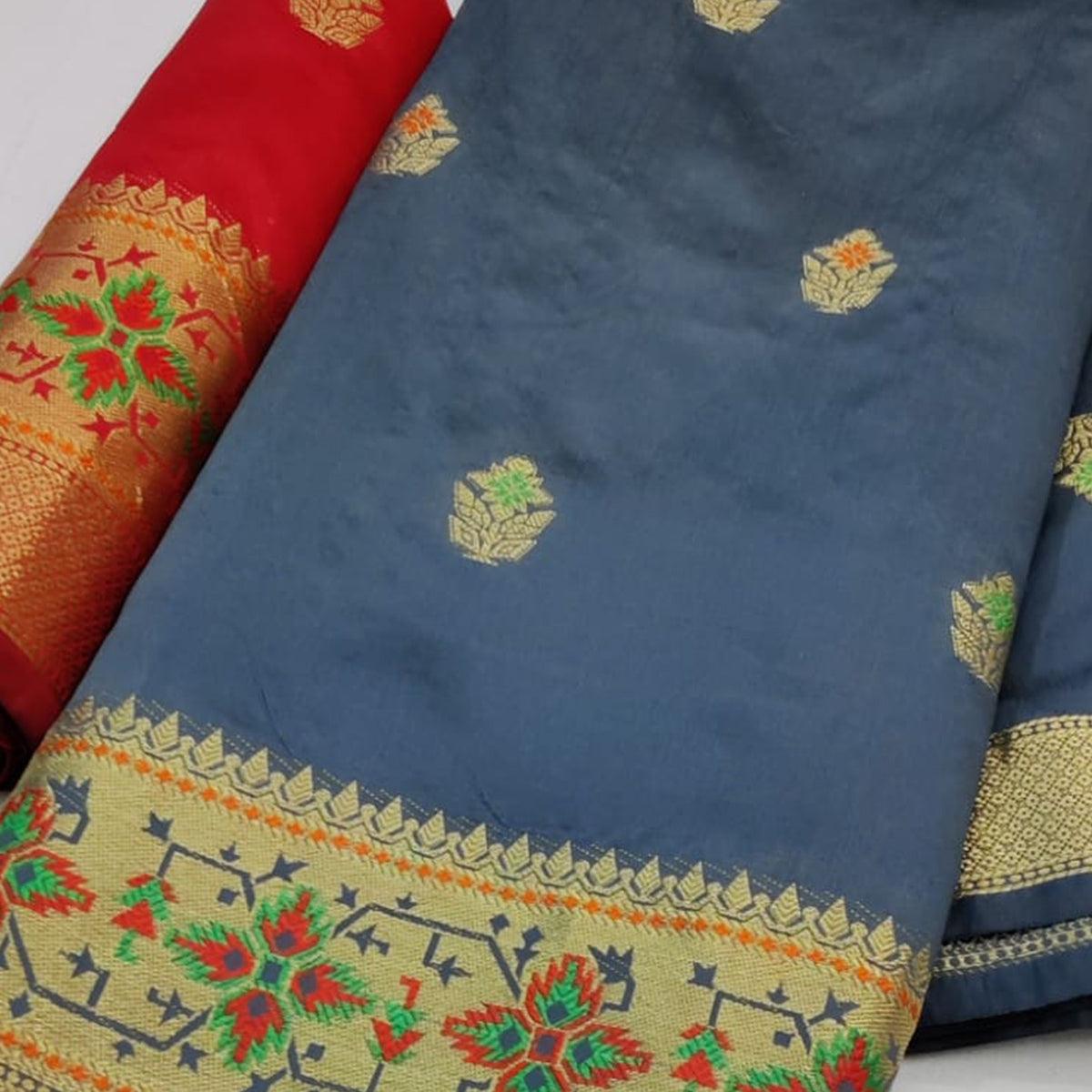 Grey Festive Wear Woven Soft Silk Saree - Peachmode